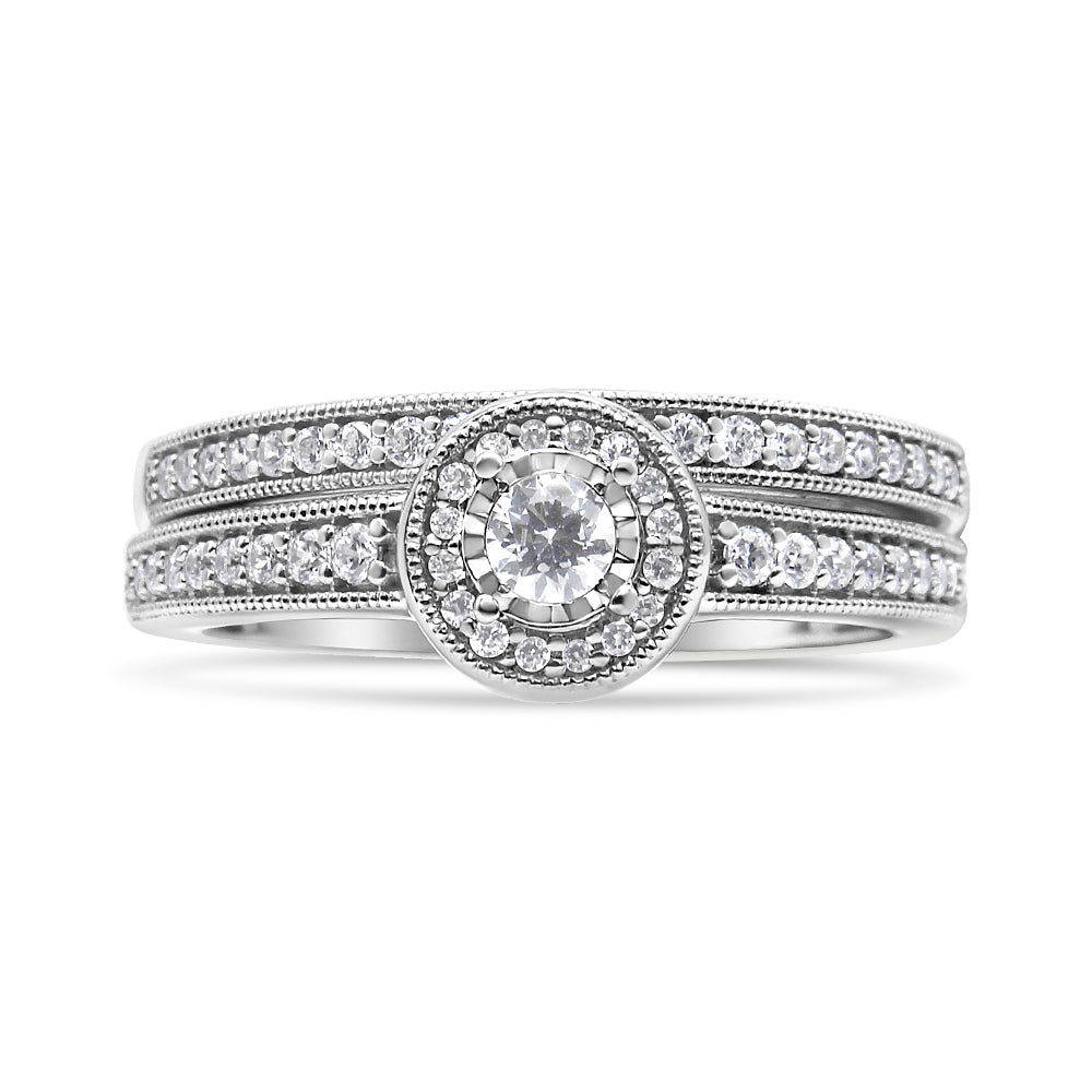 .925 Sterling Silver 1/2 Ctw Diamond Halo and Milgrain Engagement Ring Bridal Set I-J Color, I3 Clarity - Ring Size 7 on sale at MyriadMart