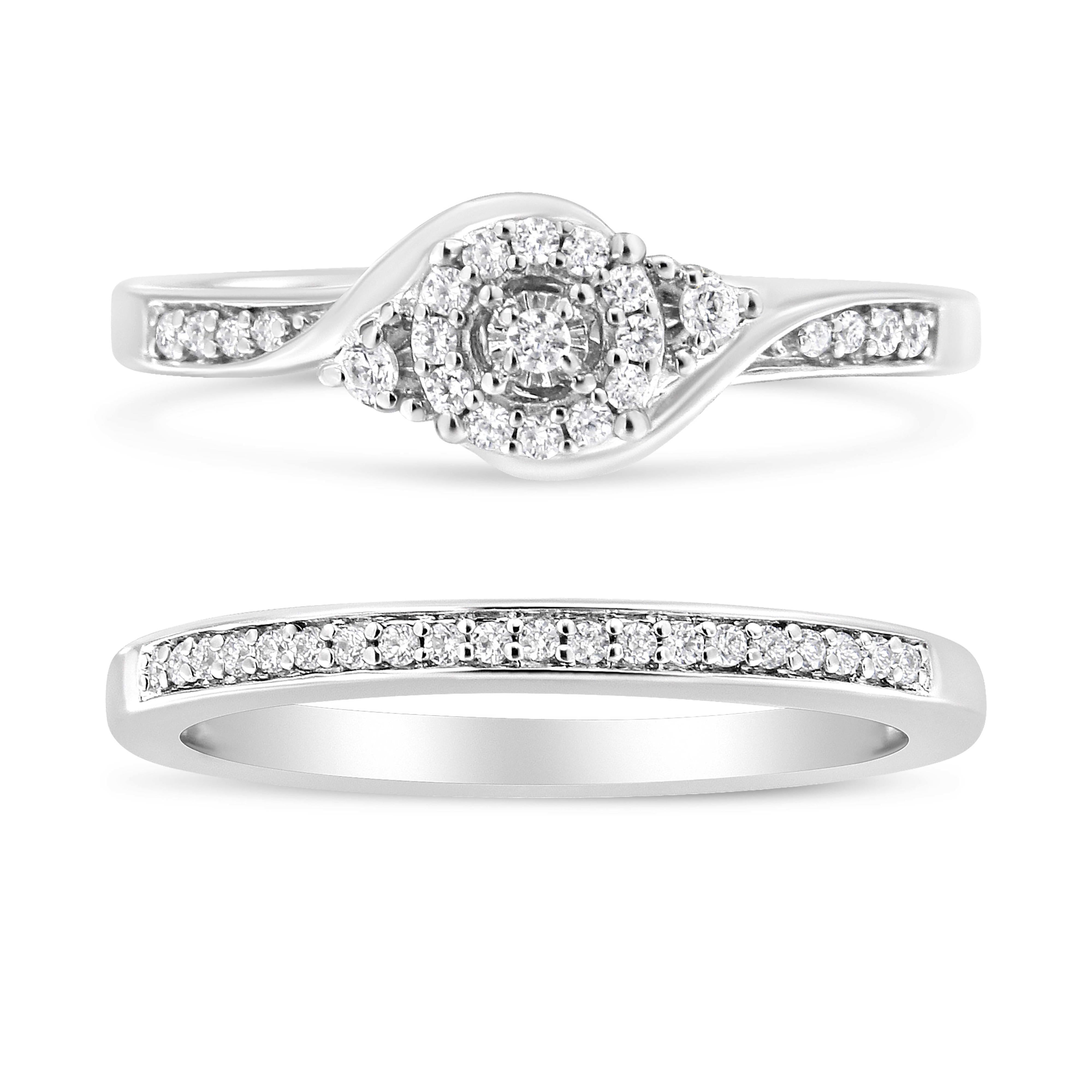 .925 Sterling Silver 1/4 Cttw Diamond Halo and Swirl Engagement Ring and Wedding Band Set I-J Color, I3 Clarity - Ring Size 7 on sale at MyriadMart
