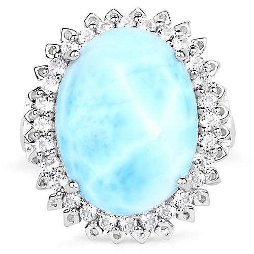 17.62 Carat Genuine Larimar and White Topaz .925 Sterling Silver Ring on sale at MyriadMart