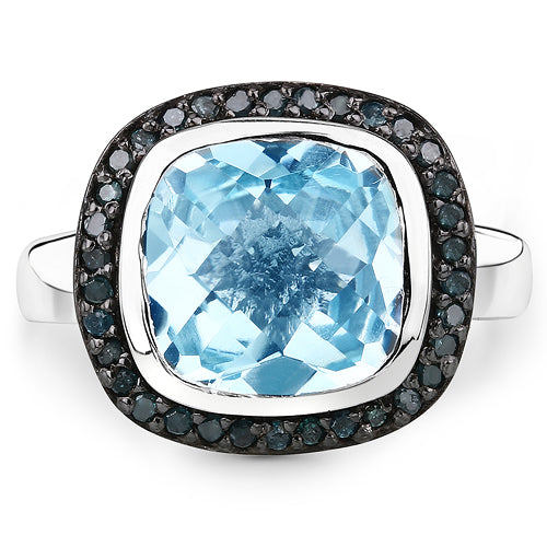 5.23 Carat Genuine Swiss Blue Topaz and Black Diamond .925 Sterling Silver Ring on sale at MyriadMart
