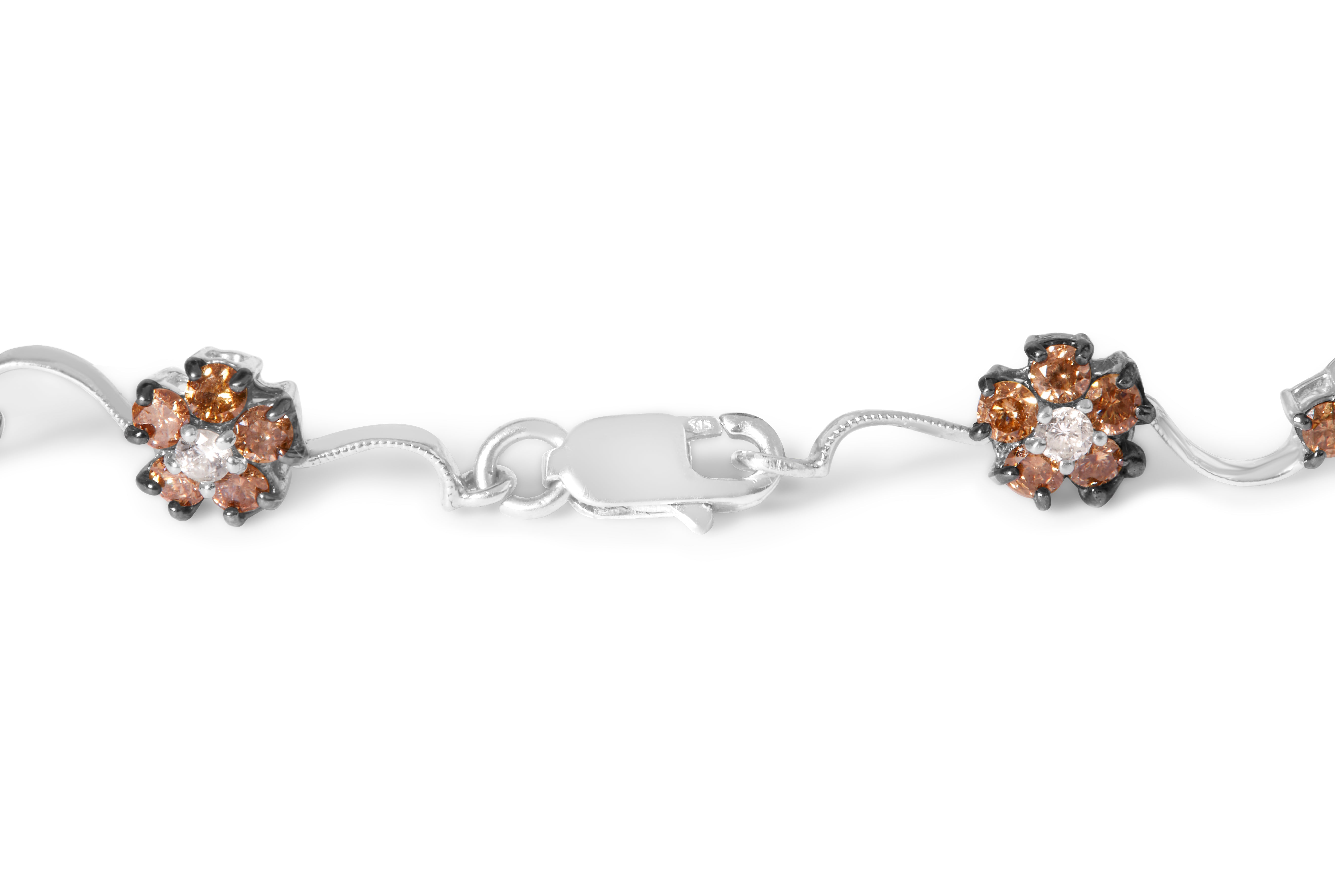 10K White Gold 4.0 Cttw Champagne and White Diamond Floral Cluster and Station Link Bracelet H-I Color, SI2-I1 Clarity - 7" Inches on sale at MyriadMart