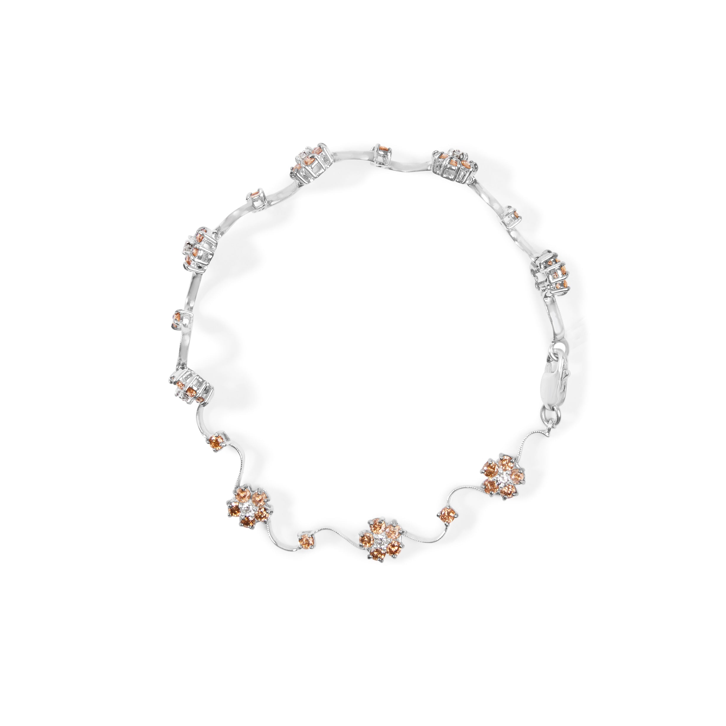 10K White Gold 4.0 Cttw Champagne and White Diamond Floral Cluster and Station Link Bracelet H-I Color, SI2-I1 Clarity - 7" Inches on sale at MyriadMart