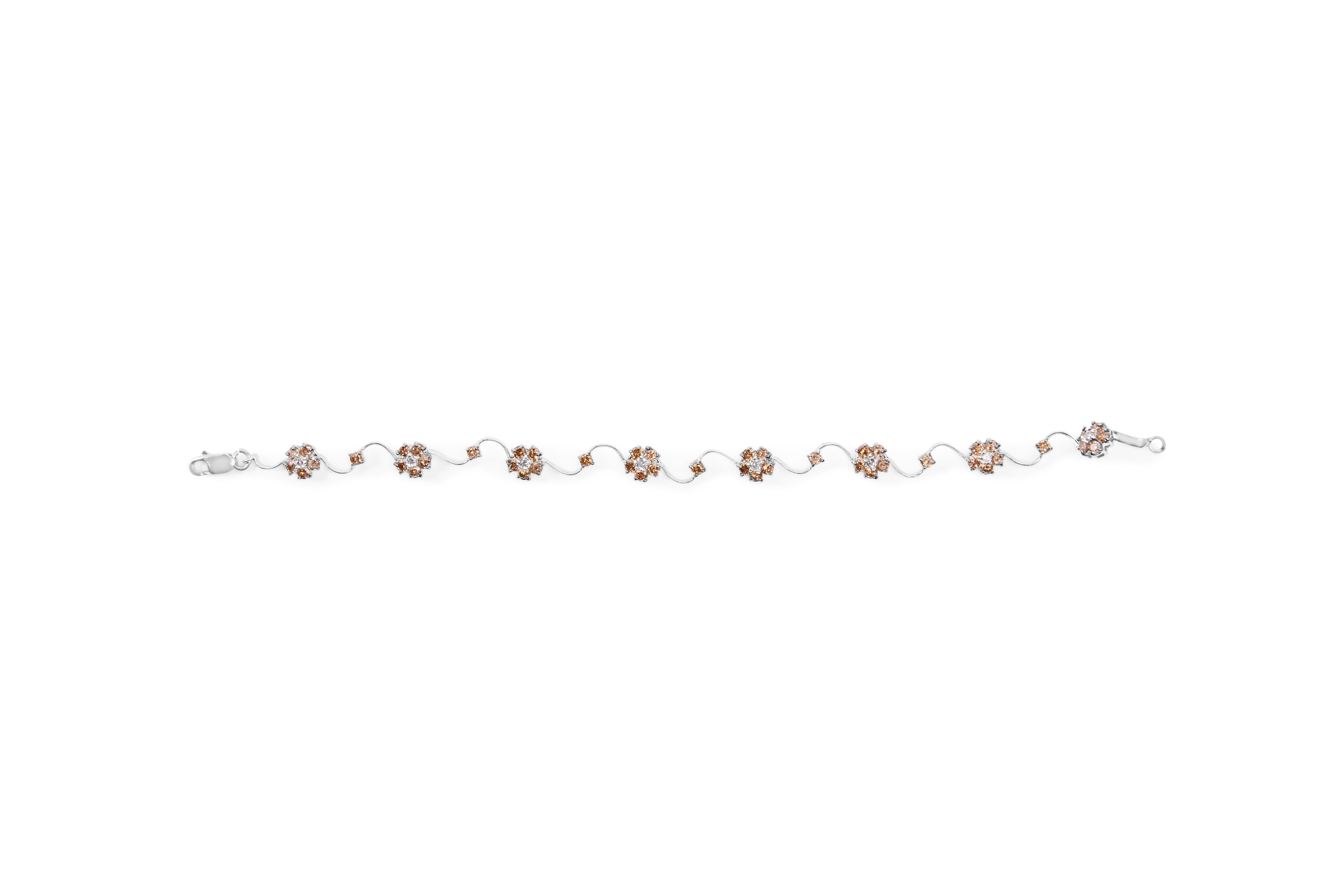 10K White Gold 4.0 Cttw Champagne and White Diamond Floral Cluster and Station Link Bracelet H-I Color, SI2-I1 Clarity - 7" Inches on sale at MyriadMart