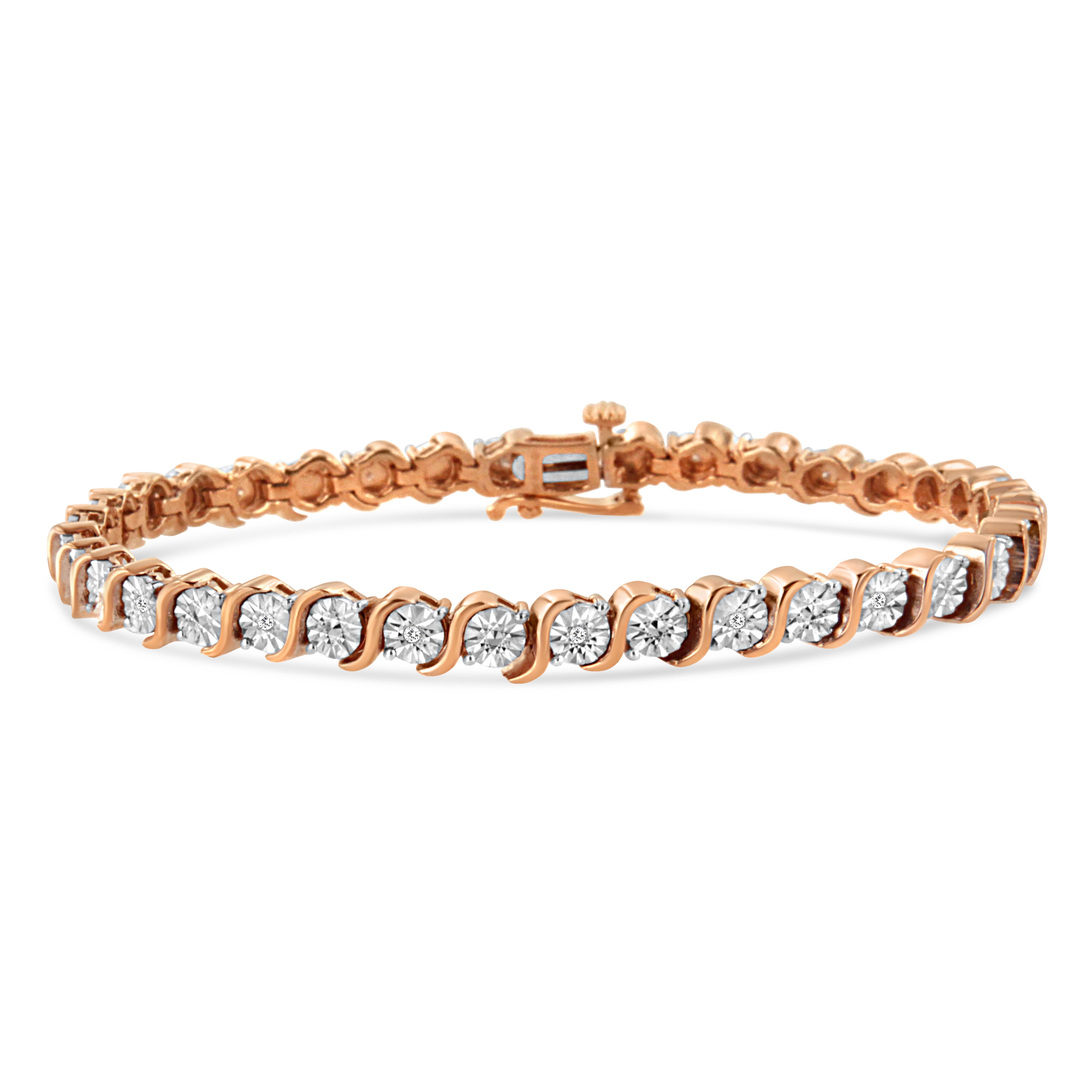 14K Rose Gold Plated .925 Sterling Silver 1/10 Cttw Diamond Round Miracle Plate and "S" Link Tennis Bracelet I-J Color, I2- I3 Clarity - 7" on sale at MyriadMart