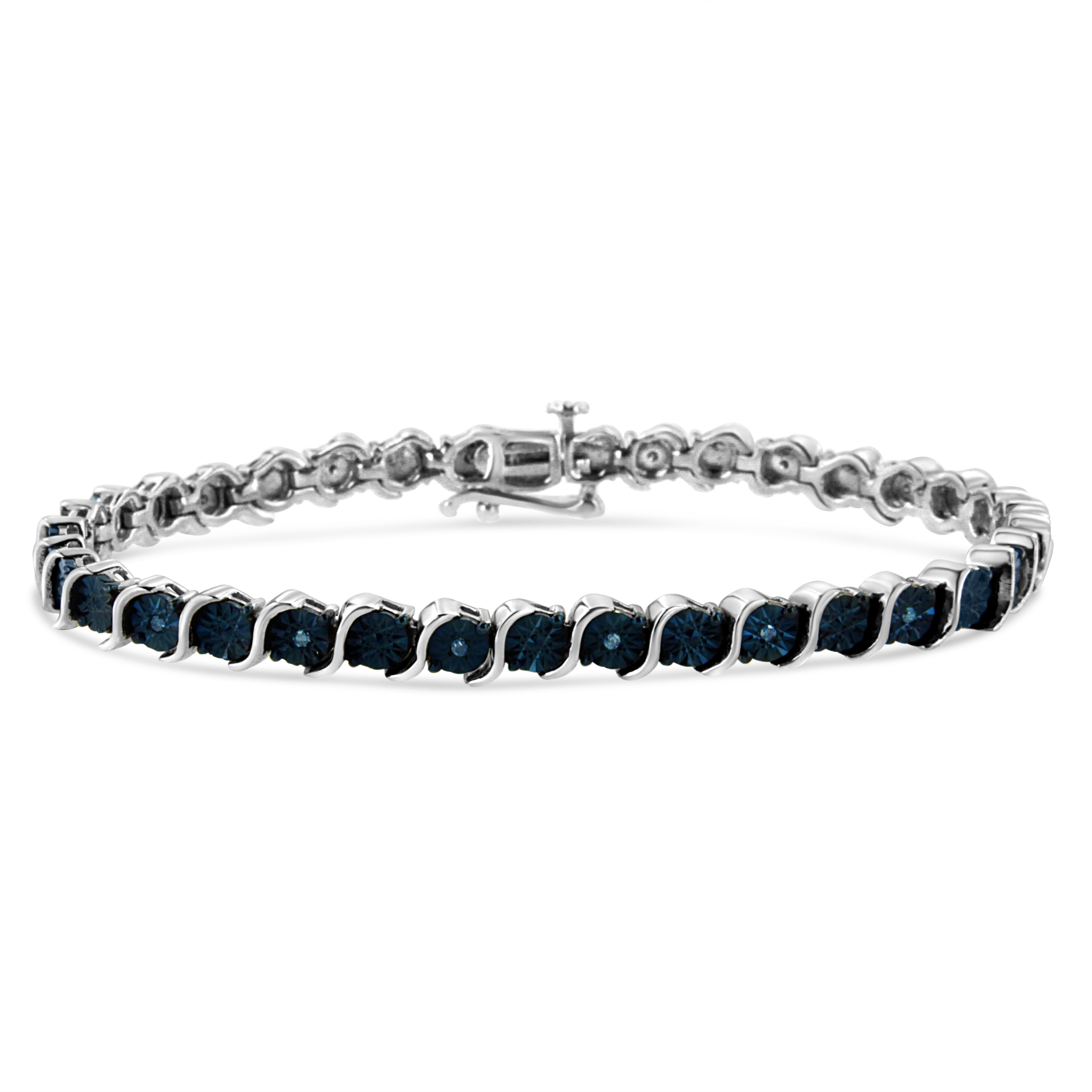 .925 Sterling Silver 1/10 Cttw Miracle-Set Treated Blue Color Diamond Miracle Plate "S" Link Tennis Bracelet Blue Color, I2- I3 Clarity - 7.25" on sale at MyriadMart