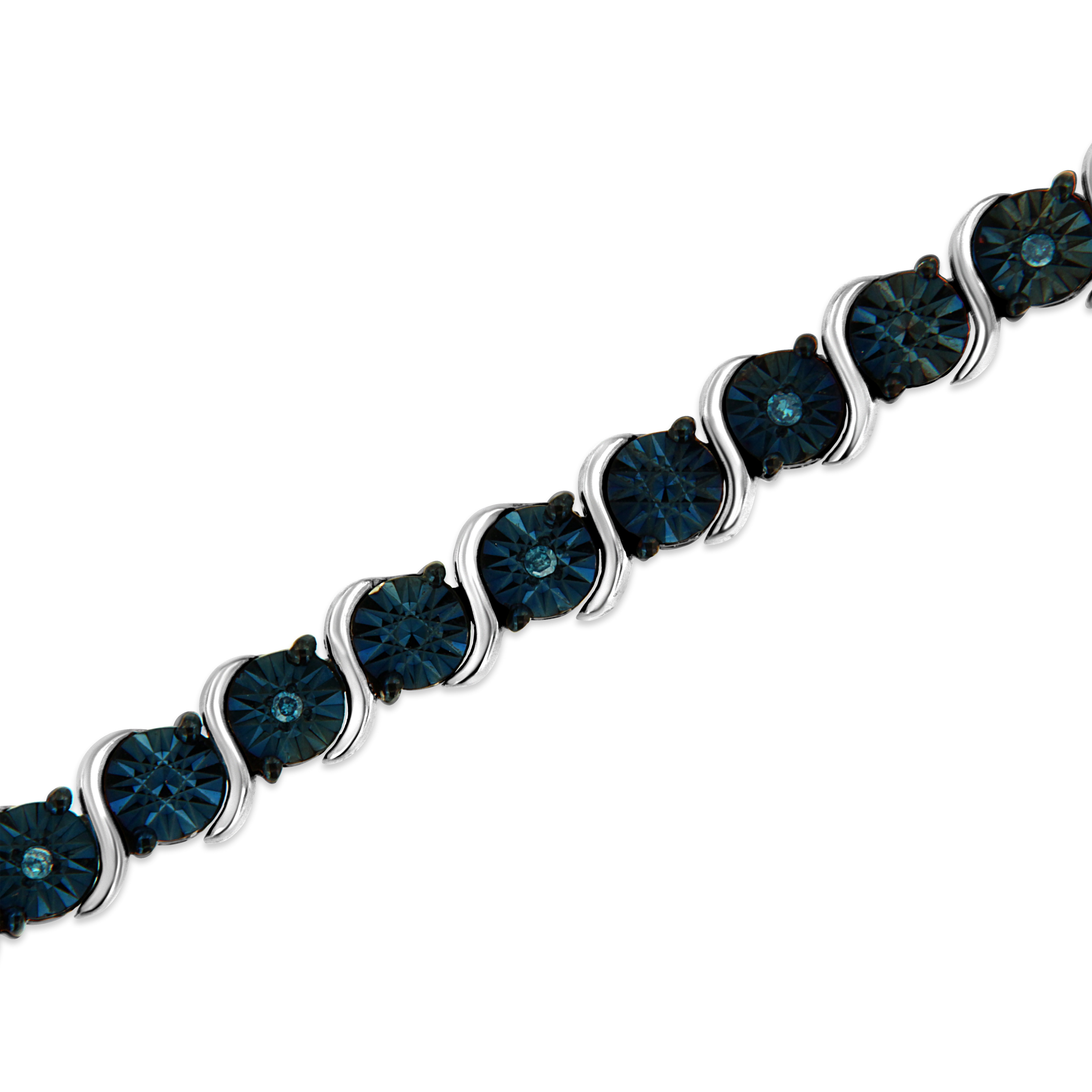 .925 Sterling Silver 1/10 Cttw Miracle-Set Treated Blue Color Diamond Miracle Plate "S" Link Tennis Bracelet Blue Color, I2- I3 Clarity - 7.25" on sale at MyriadMart