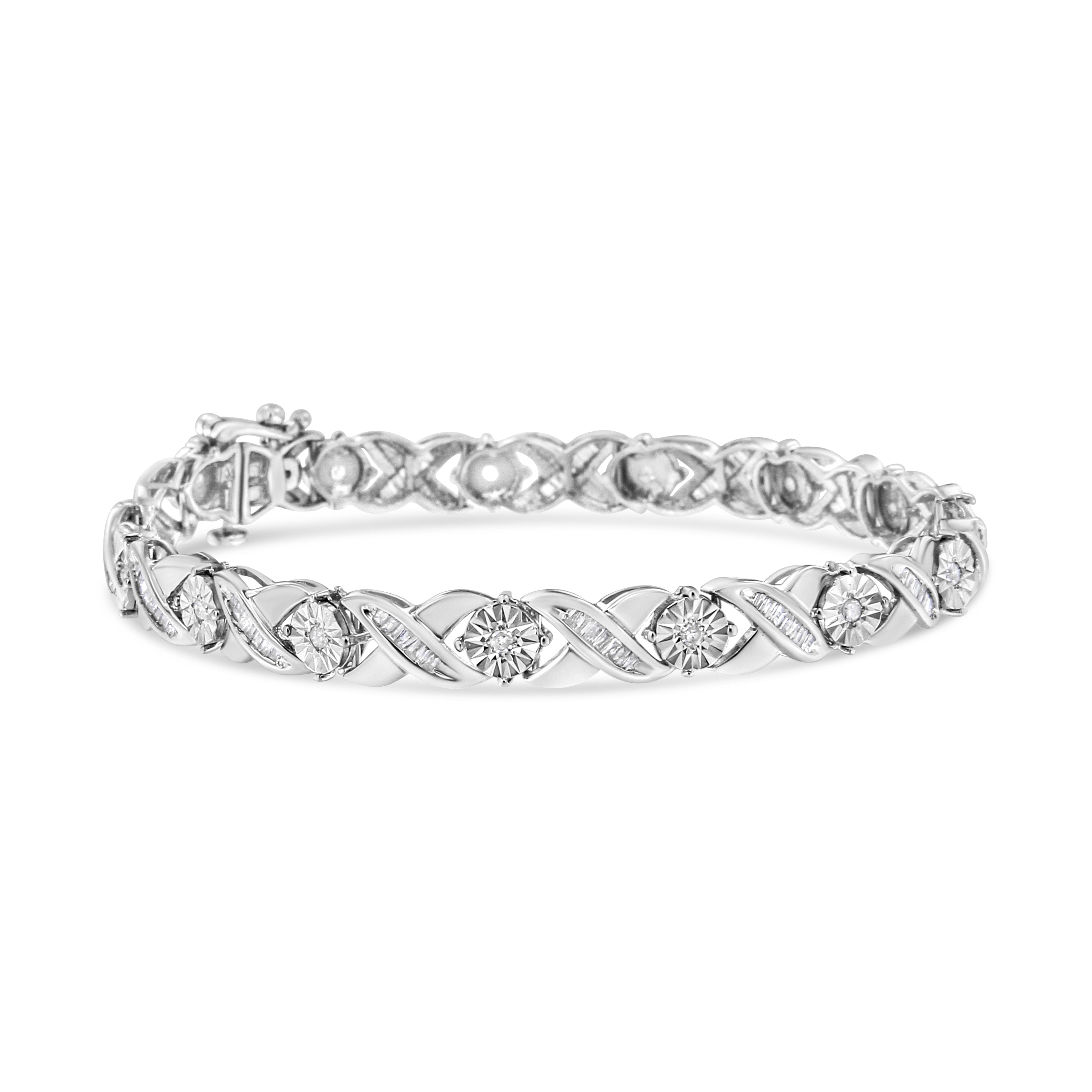 .925 Sterling Silver 1.0 Cttw Round-Brilliant and Baguette Cut Diamond Miracle-Set X-Link 7" Tennis Bracelet I-J Color, I2-I3 Clarity on sale at MyriadMart