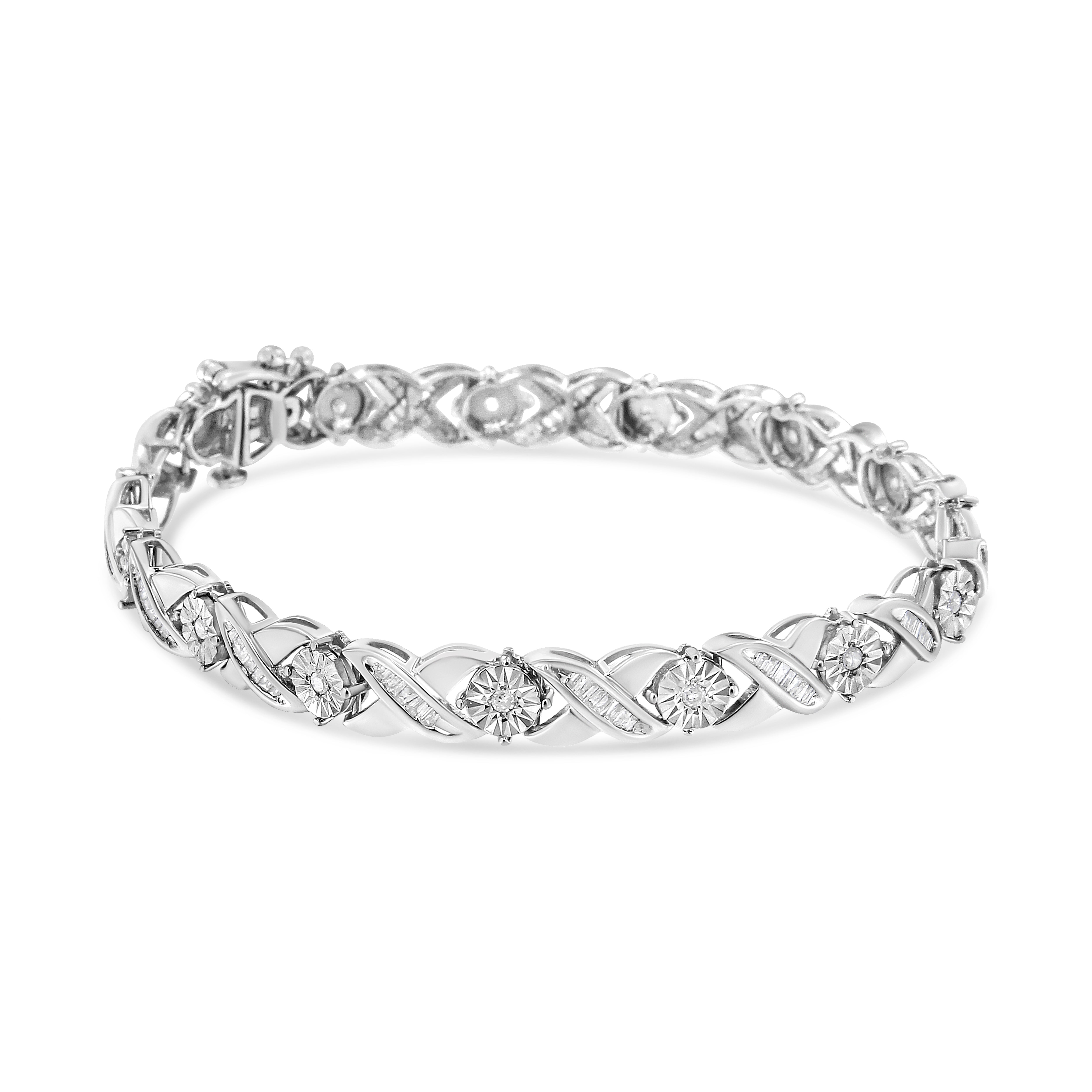 .925 Sterling Silver 1.0 Cttw Round-Brilliant and Baguette Cut Diamond Miracle-Set X-Link 7" Tennis Bracelet I-J Color, I2-I3 Clarity on sale at MyriadMart