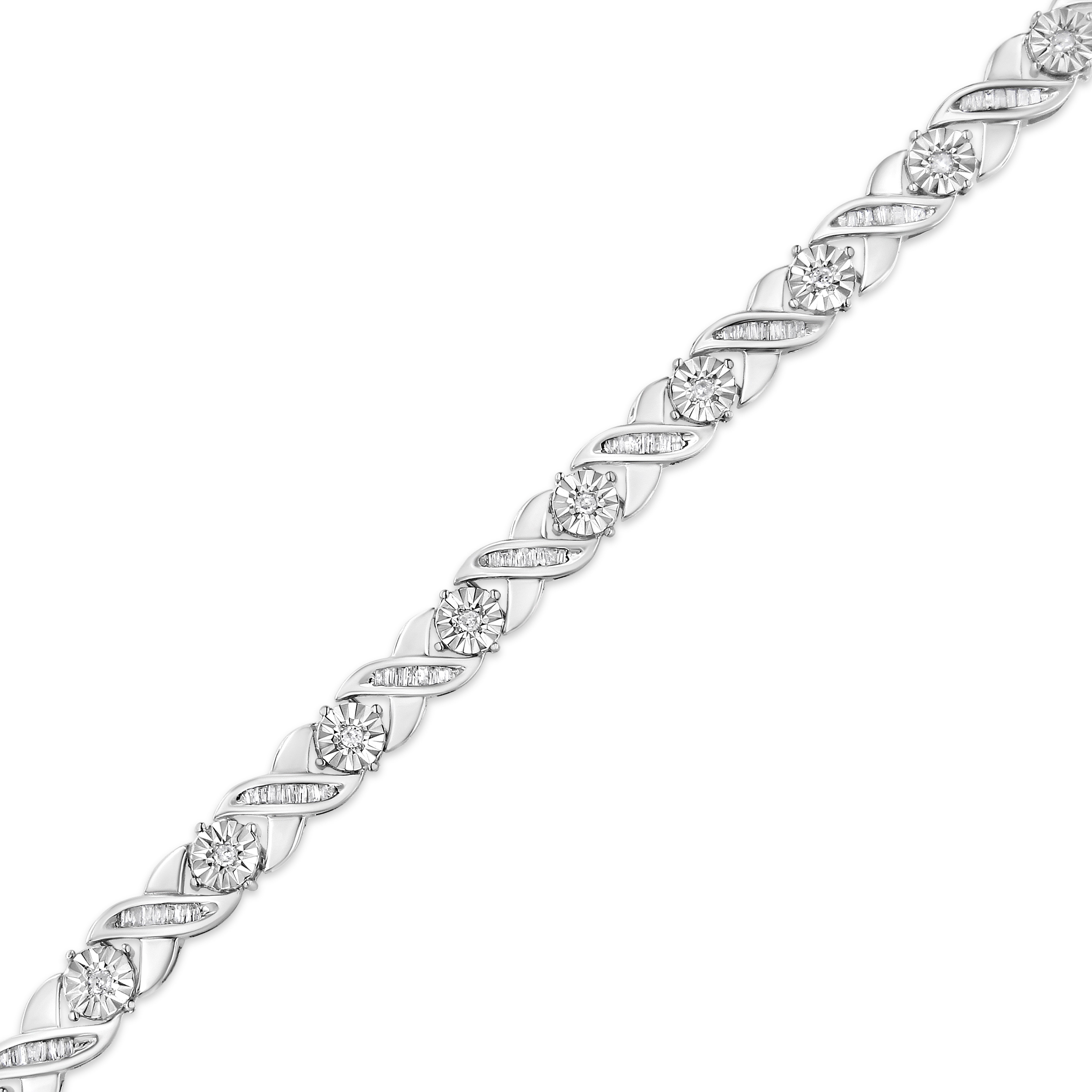 .925 Sterling Silver 1.0 Cttw Round-Brilliant and Baguette Cut Diamond Miracle-Set X-Link 7" Tennis Bracelet I-J Color, I2-I3 Clarity on sale at MyriadMart