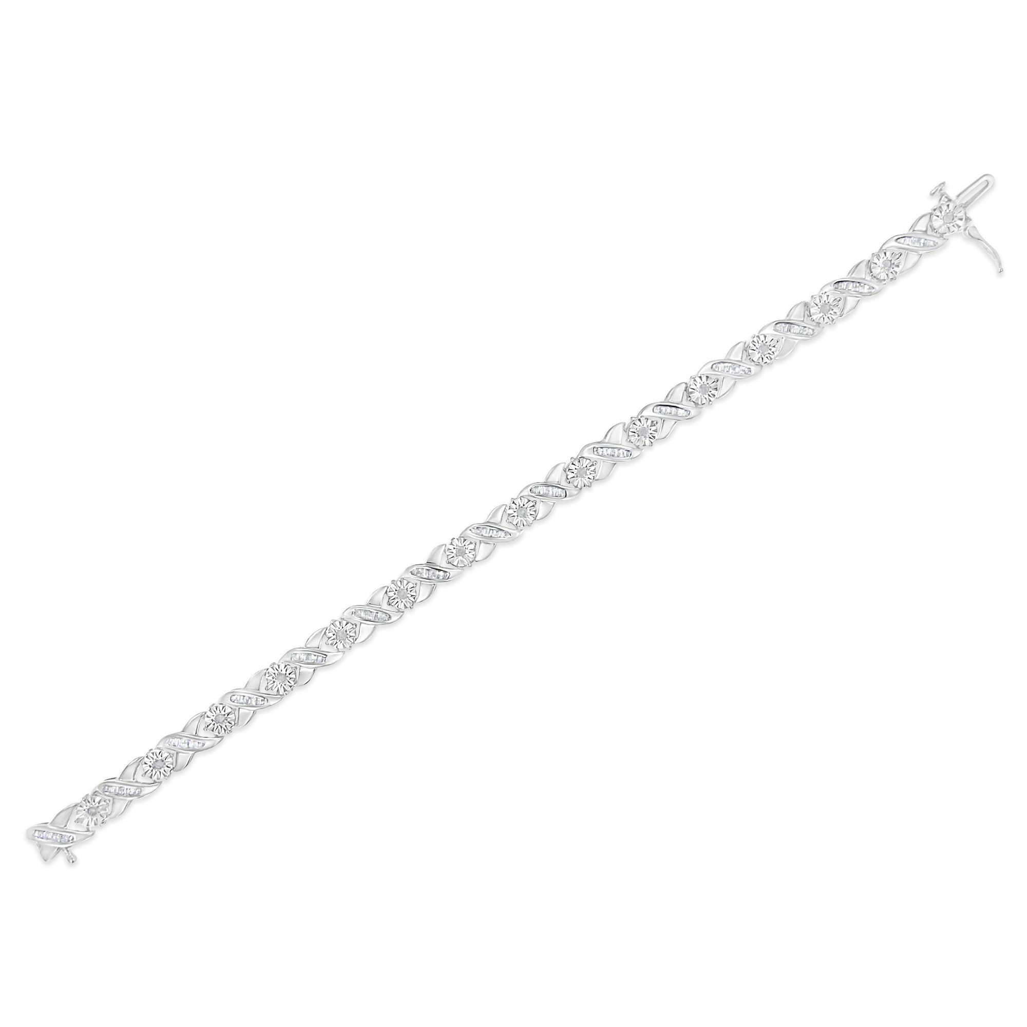 .925 Sterling Silver 1.0 Cttw Round-Brilliant and Baguette Cut Diamond Miracle-Set X-Link 7" Tennis Bracelet I-J Color, I2-I3 Clarity on sale at MyriadMart