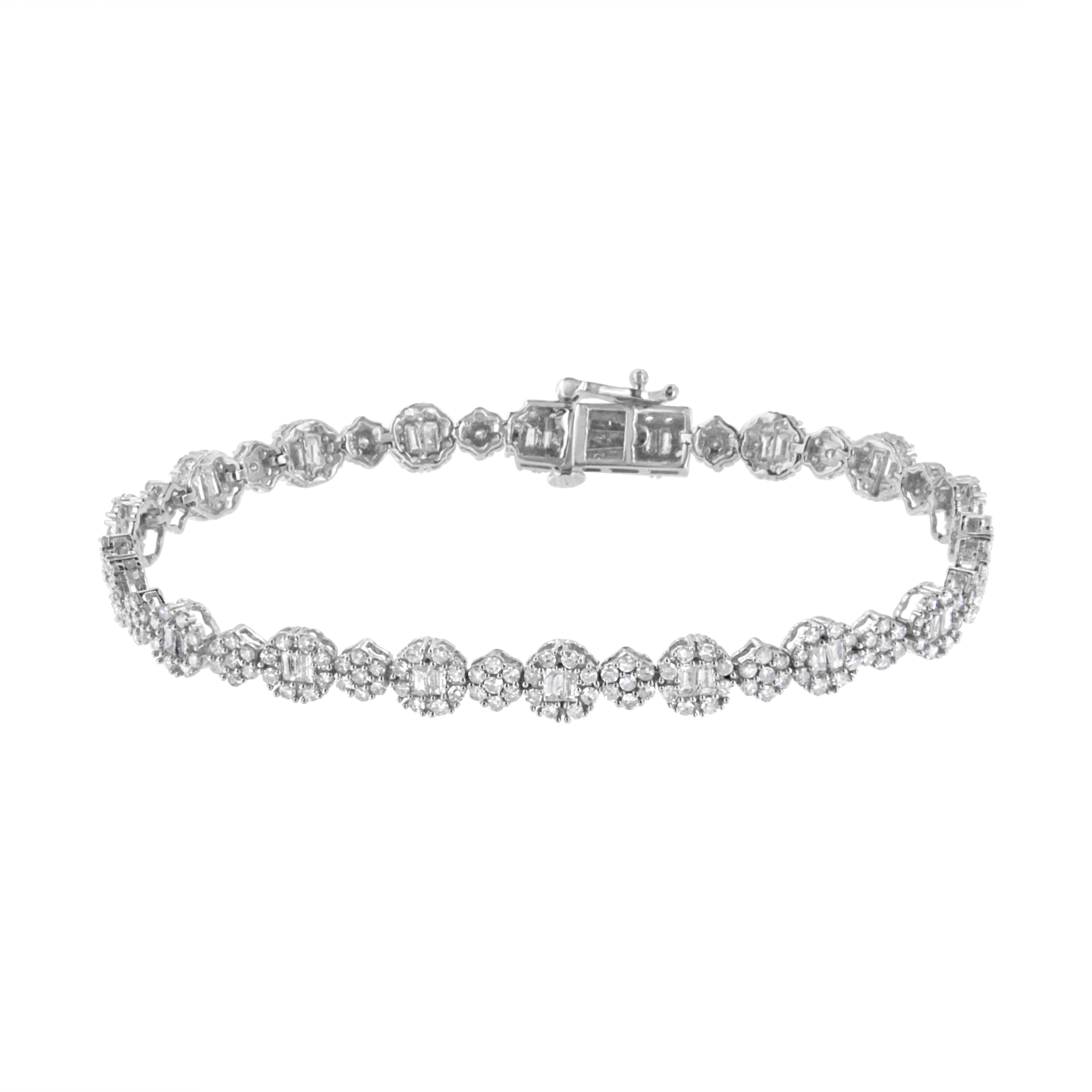 10K White Gold 4.0 cttw Brilliant Round-cut and Baguette Diamond Floral Cluster Link Bracelet I-J Clarity, I1-I2 Color - Size 7" on sale at MyriadMart