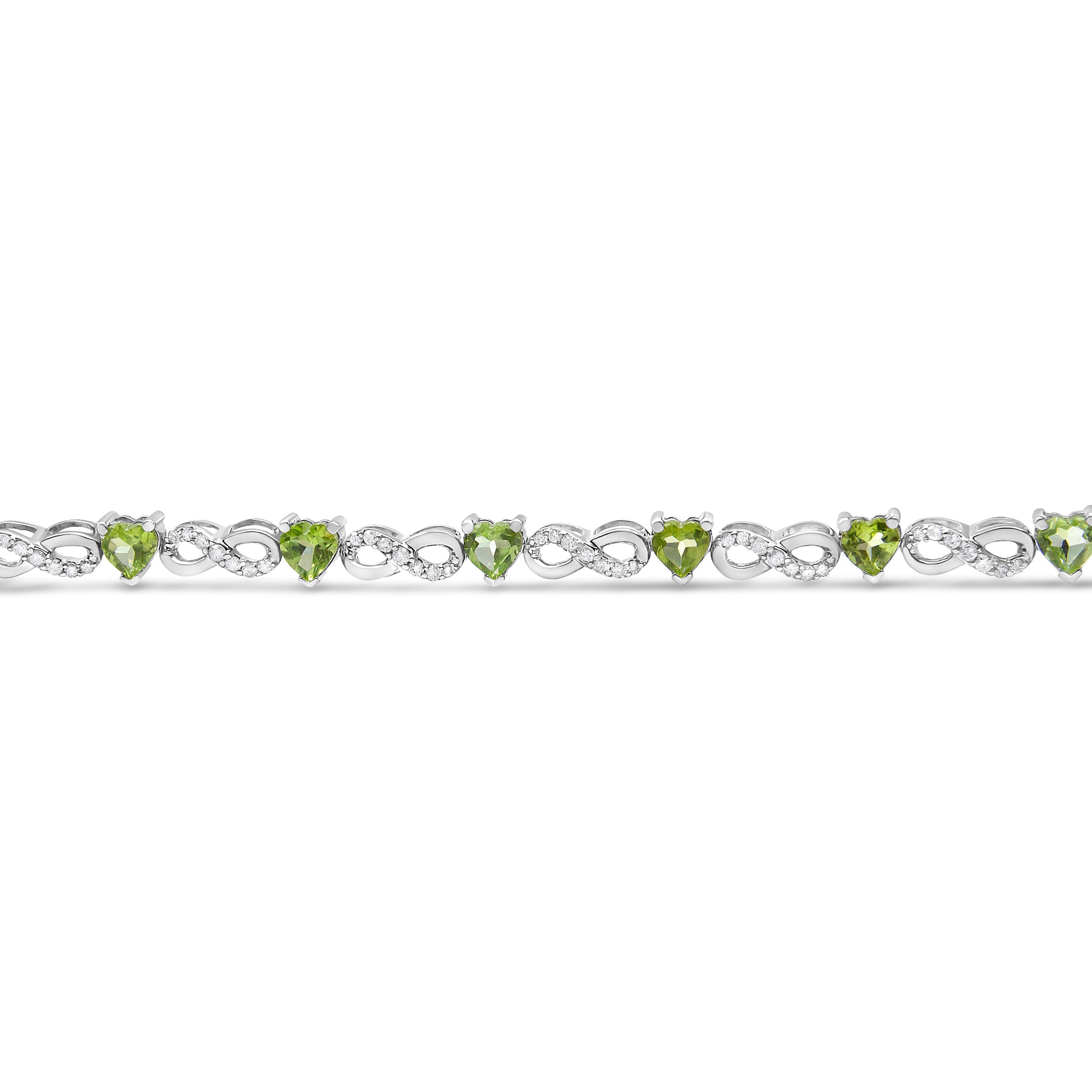.925 Sterling Silver 1.00 Cttw Diamond and 4.00mm Lab Created Green Heart-Shaped Peridot Infinity Link Bracelet I-J Color, I2-I3 Clarity - 7.25" on sale at MyriadMart
