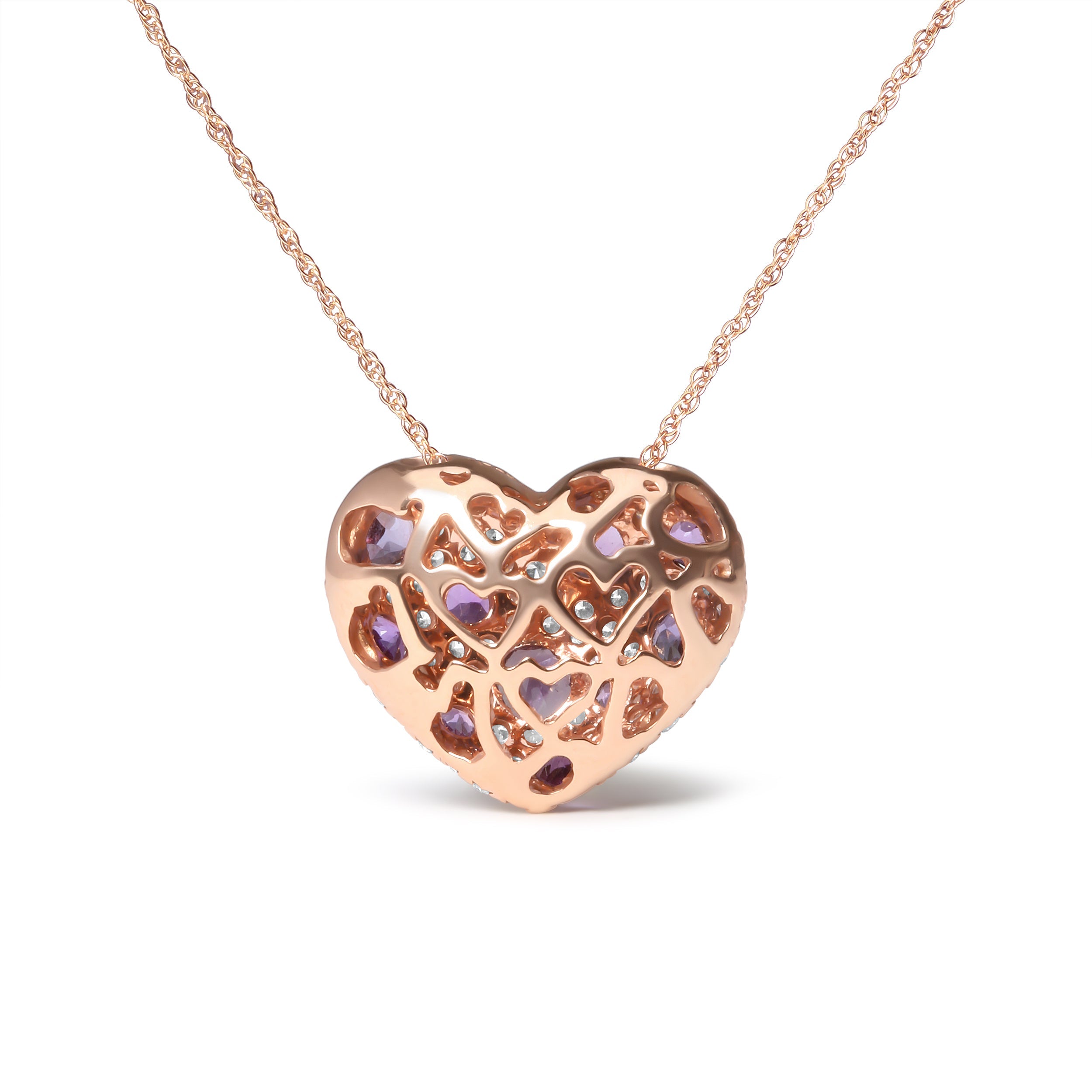 18K Rose Gold 3/4 Cttw Diamond and Purple Amethyst Cluster Heart Shape 18" Pendant Necklace G-H Color, SI1-SI2 Clarity on sale at MyriadMart