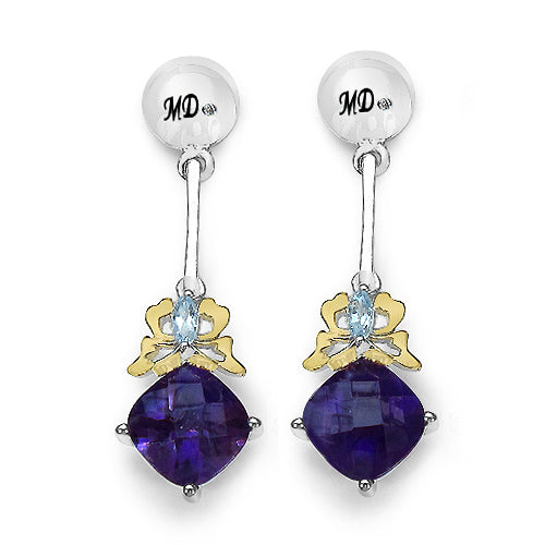 3.79 Carat Genuine Amethyst, Blue Topaz & White Diamond .925 Sterling Silver Earrings on sale at MyriadMart