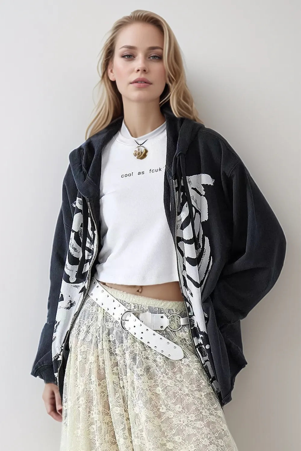 Skeleton Zip Up Drawstring Hoodie - MyriadMart