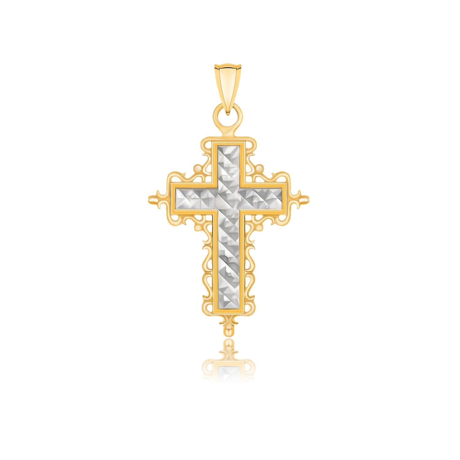 14k Two-Tone Gold Diamond Cut and Baroque Inspired Cross Pendant on sale at MyriadMart