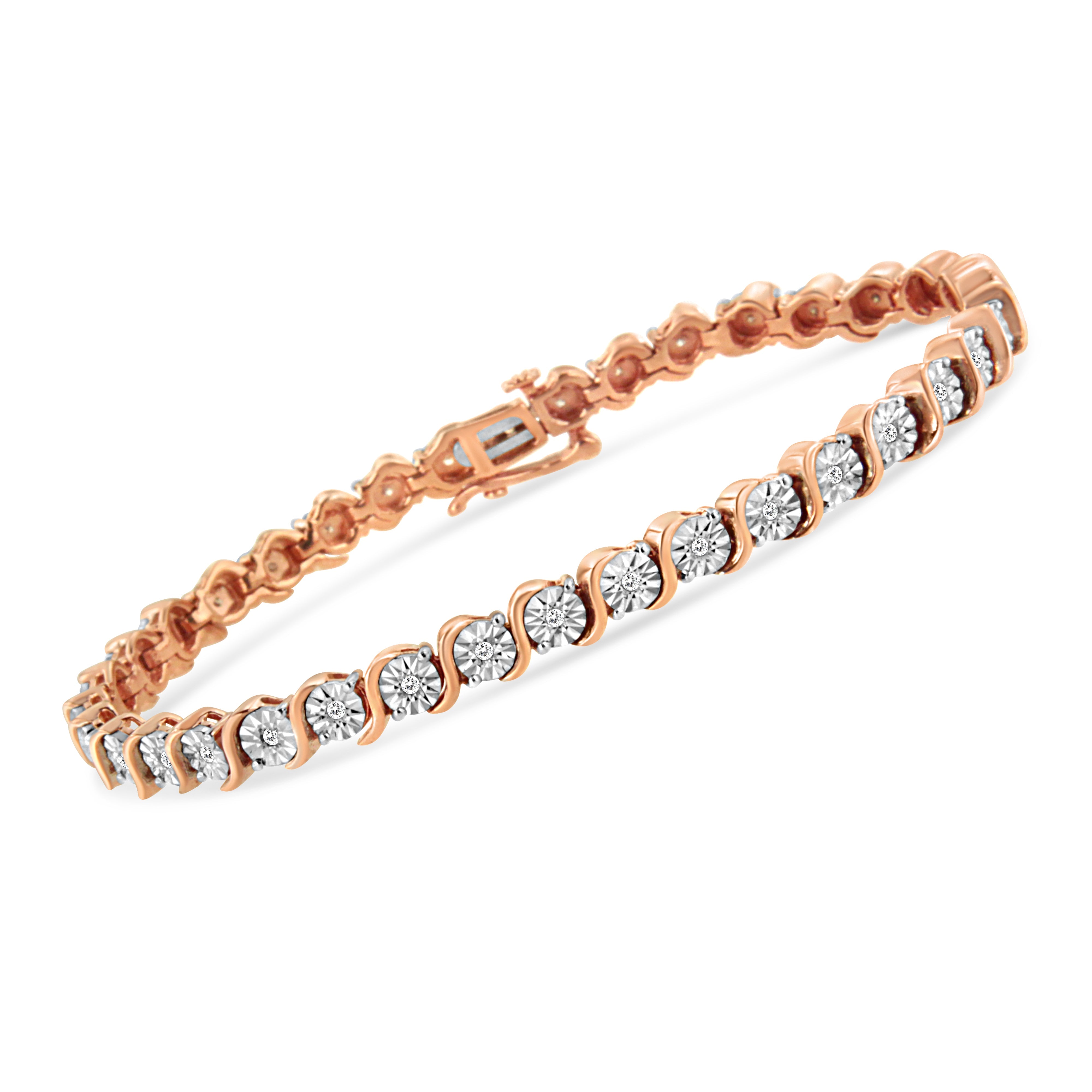 14K Rose Gold Plated .925 Sterling Silver 1/4 Cttw Diamond Round Miracle Plate and "S" Link Tennis Bracelet I-J Color, I2- I3 Clarity - 7" on sale at MyriadMart