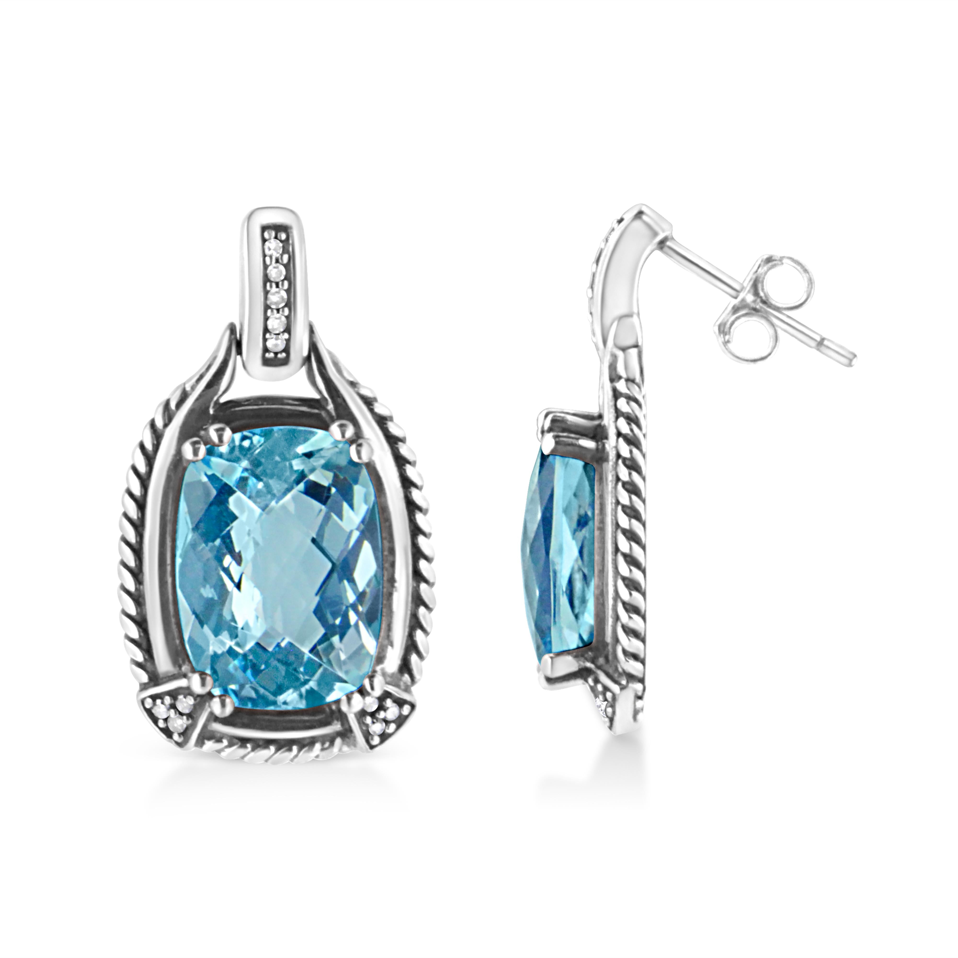 .925 Sterling Silver 14x10MM Cushion Cut Blue Topaz Gemstone and Diamond Accent Dangle Earring I-J Color, I1-I2 Clarity on sale at MyriadMart