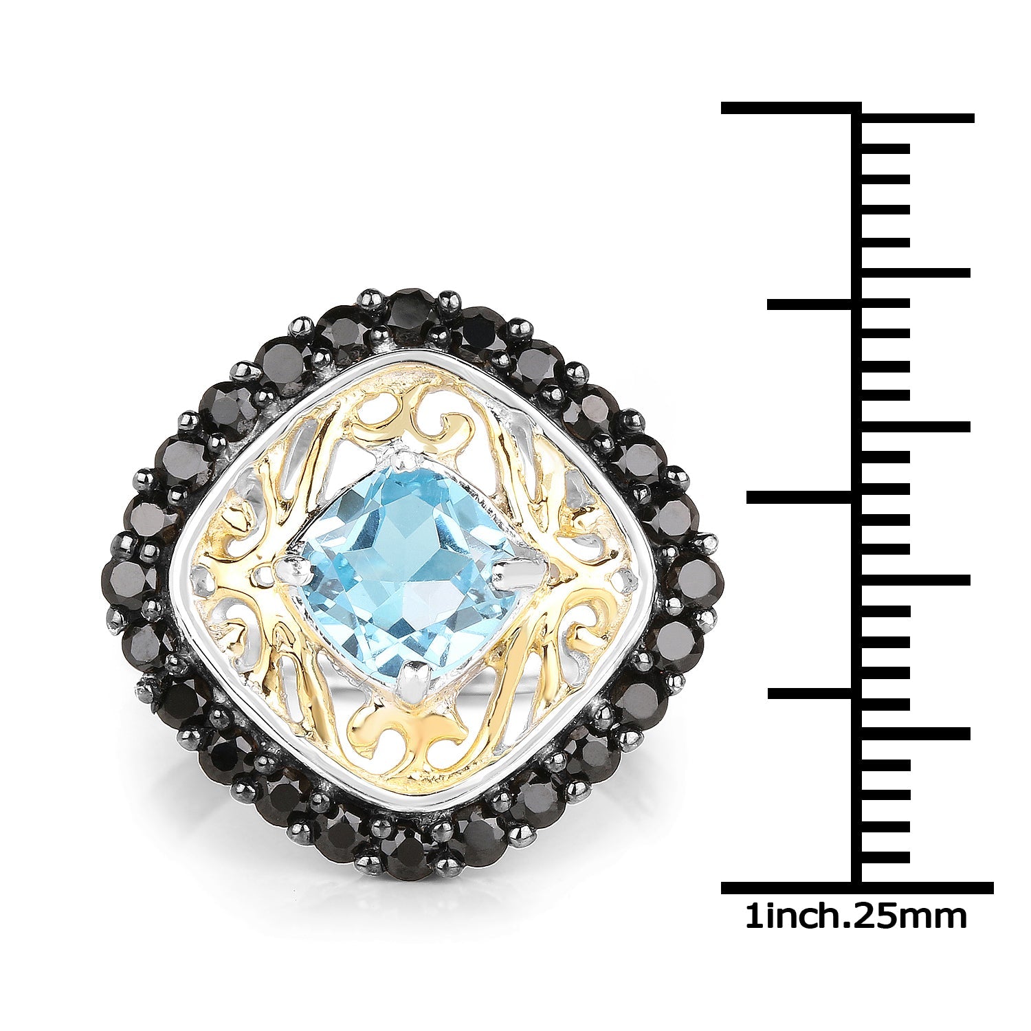 Two Tone Plated 2.85 Carat Genuine Swiss Blue Topaz and Black Spinel .925 Sterling Silver Ring on sale at MyriadMart