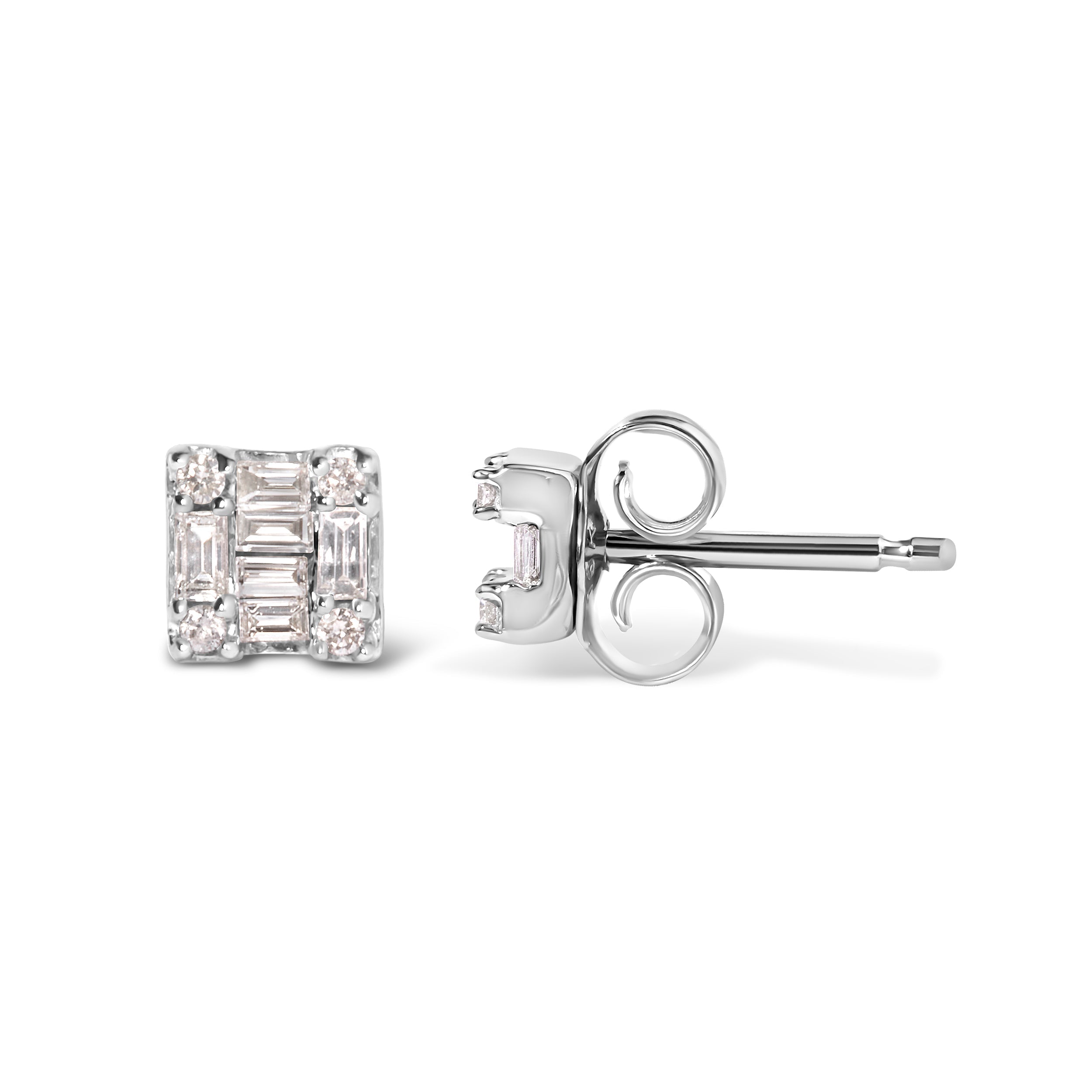 10K White Gold 1/7 Cttw Round and Baguette Diamond Mosaic Square Stud Earrings H-I Color, I1-I2 Clarity on sale at MyriadMart