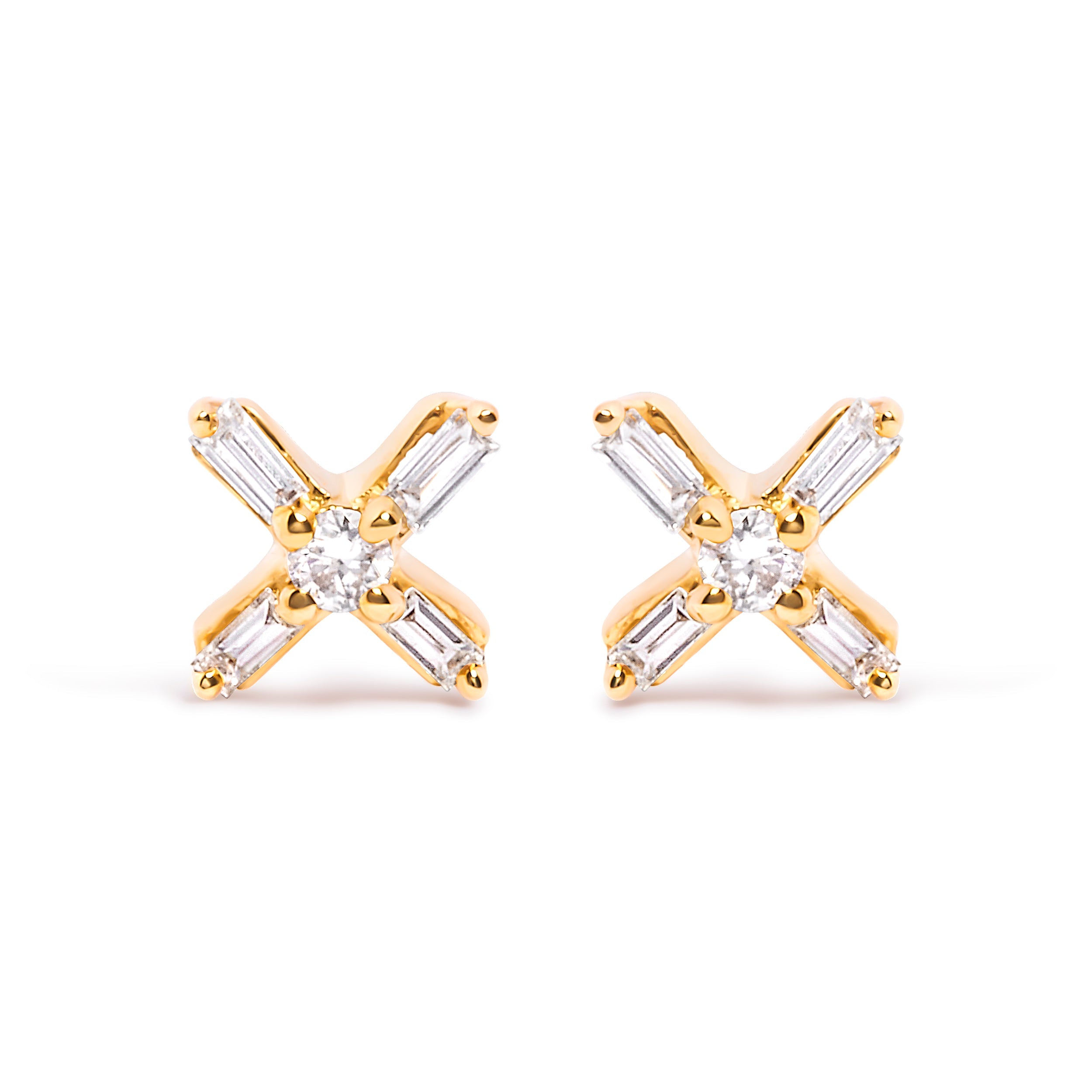 10K Yellow Gold 1/10 Cttw Round and Baguette Diamond Criss Cross X Stud Earring H-I Color, I1-I2 Clarity on sale at MyriadMart