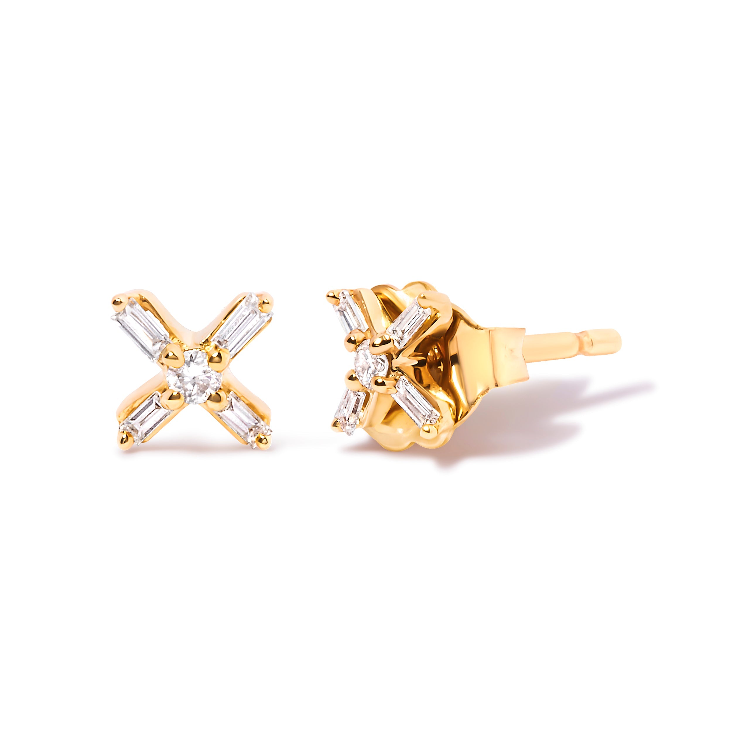 10K Yellow Gold 1/10 Cttw Round and Baguette Diamond Criss Cross X Stud Earring H-I Color, I1-I2 Clarity on sale at MyriadMart
