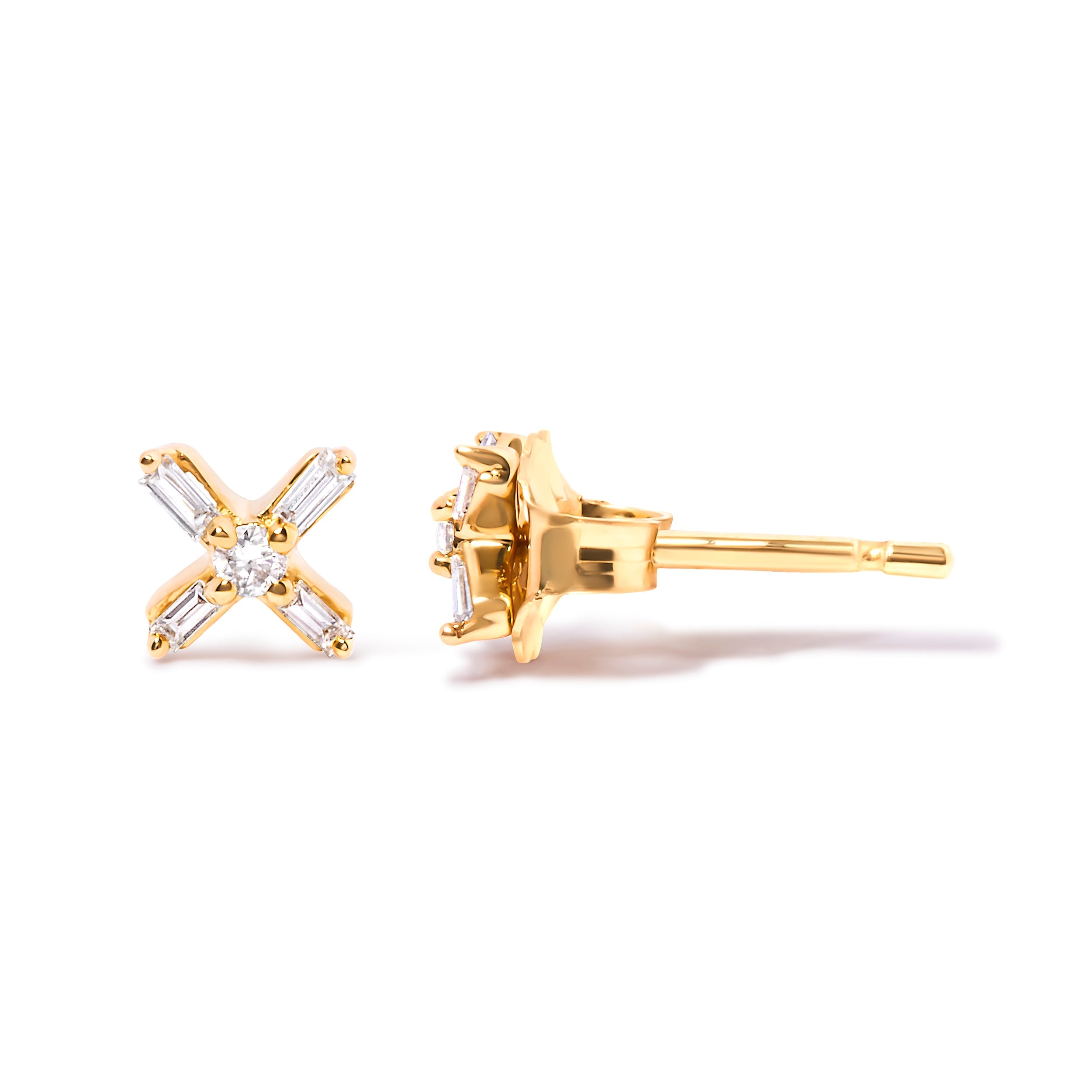 10K Yellow Gold 1/10 Cttw Round and Baguette Diamond Criss Cross X Stud Earring H-I Color, I1-I2 Clarity on sale at MyriadMart