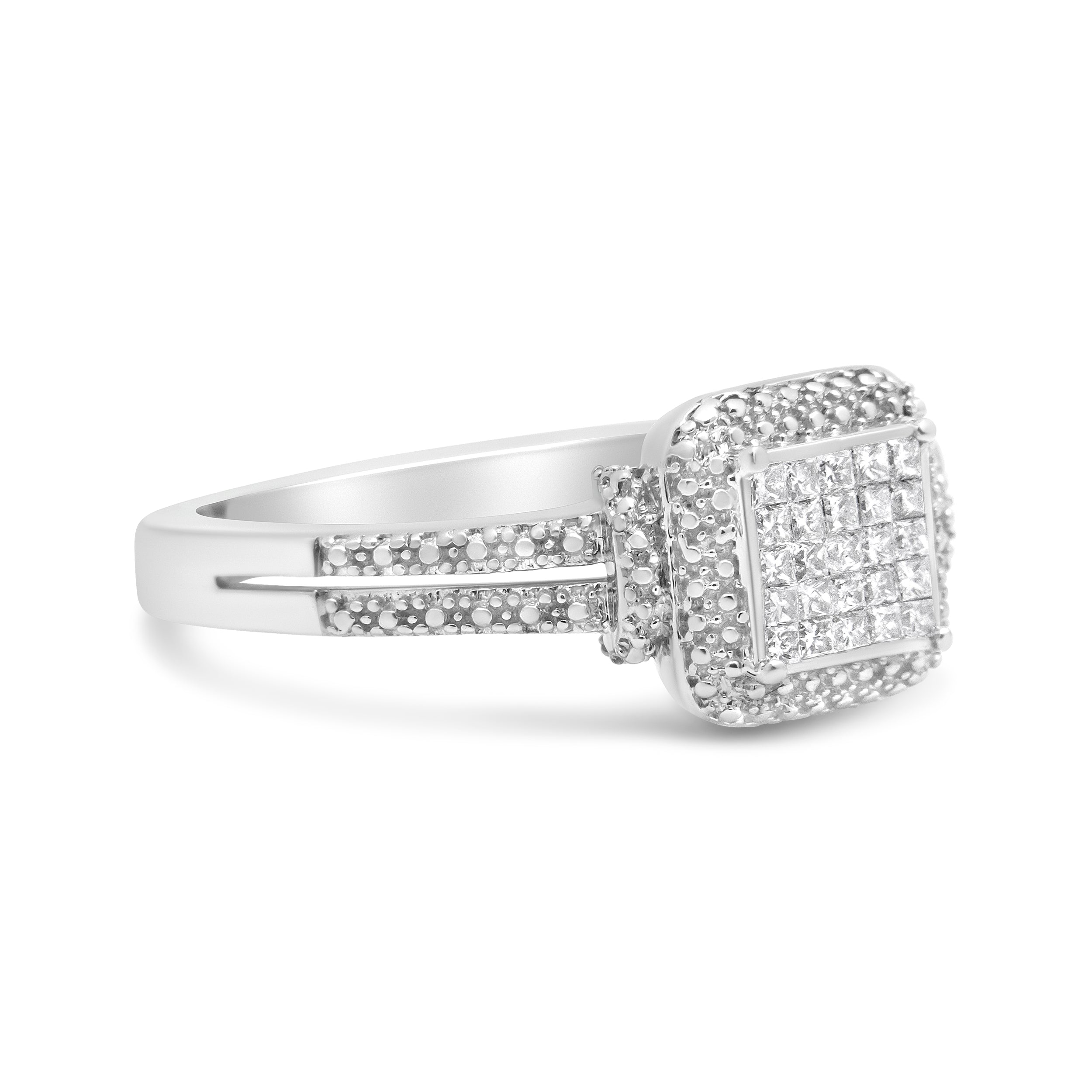 .925 Sterling Silver 1/4 Cttw Princess-cut Diamond Composite Ring with Beaded Halo H-I Color, SI1-SI2 Clarity - Size 7 on sale at MyriadMart