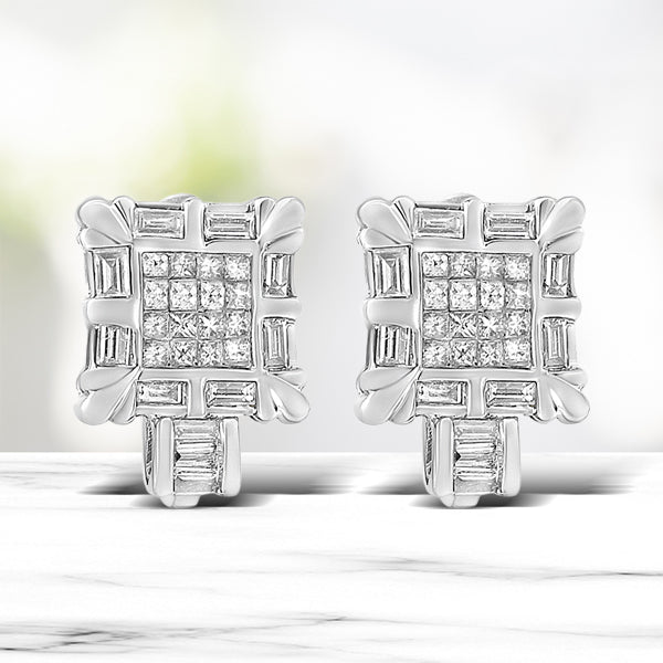 14K White Gold 1.0 Cttw Princess and Baguette-Cut Diamond Square Framed Huggie Hoop Omega Earrings H-I Color, SI1-SI2 Clarity on sale at MyriadMart