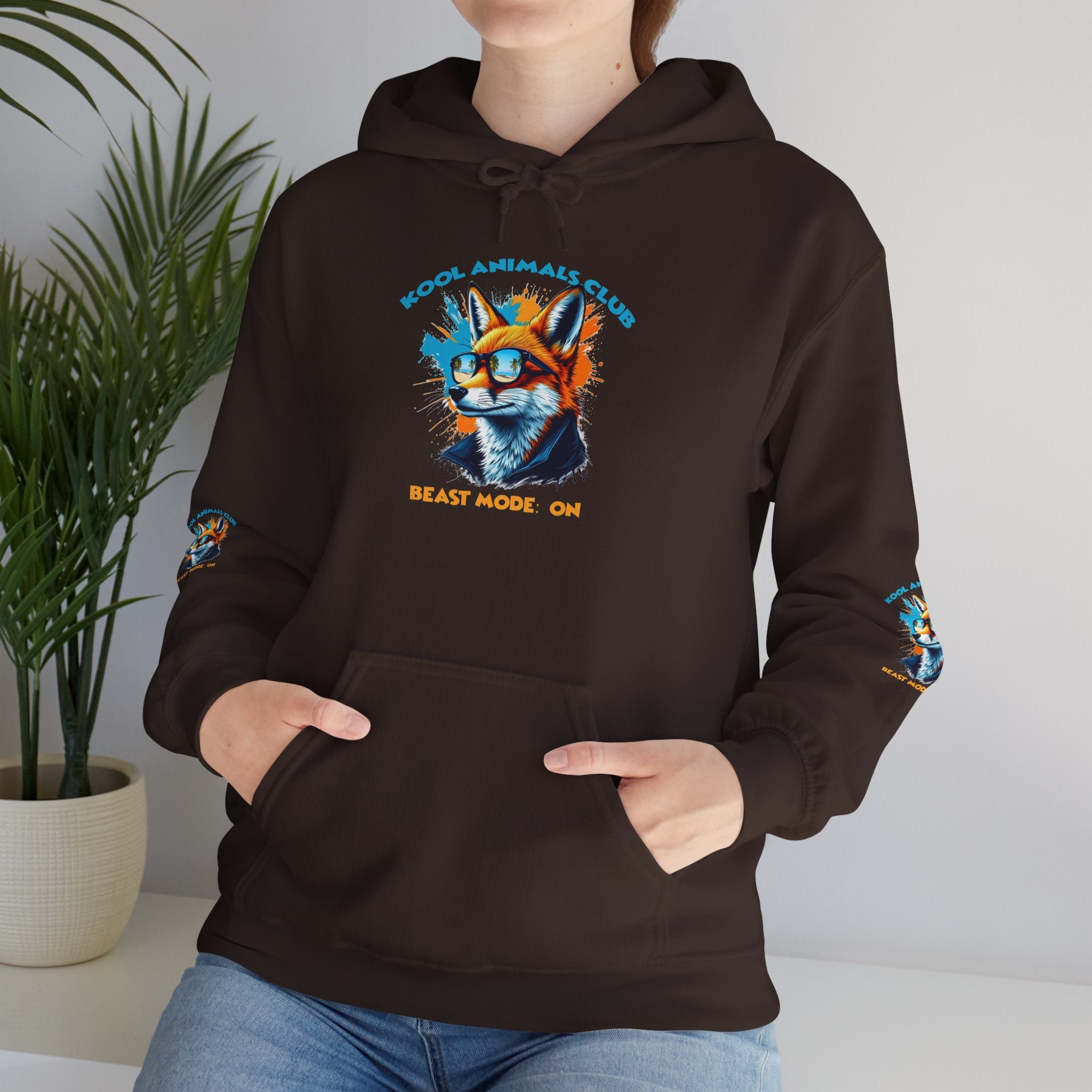 Kool Animals Club Hoodie with Cool Fox in Sunglasses and ‘Beast Mode On’ Design, Unisex Sweatshirt for Animal Lovers, Casual Streetwear, Perfect Gift for Holidays on sale at MyriadMart