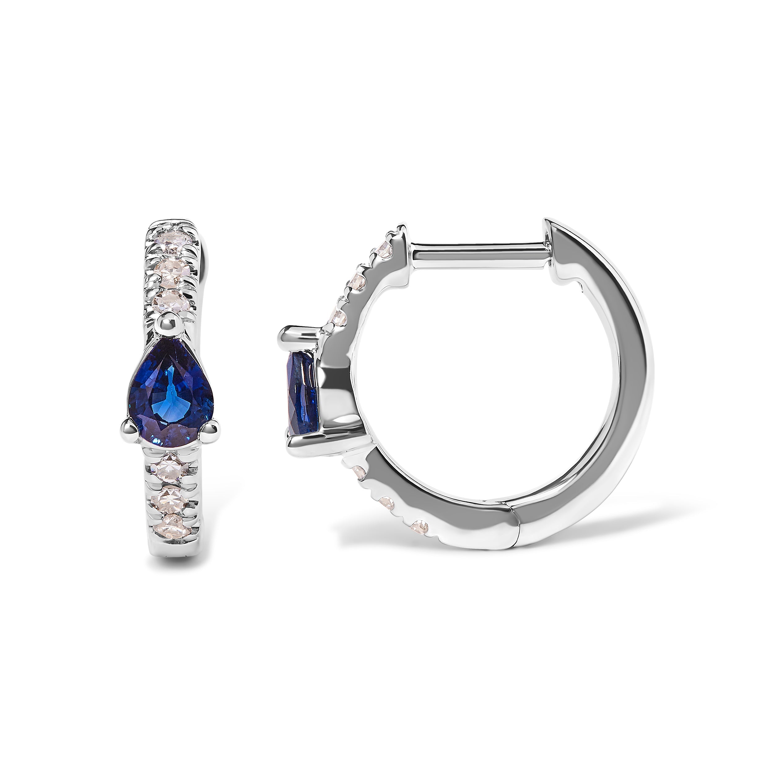 10K White Gold Pear Shaped Blue Sapphire and 1/10 Cttw Diamond Huggy Hoop Earrings H-I Color, I1-I2 Clarity on sale at MyriadMart