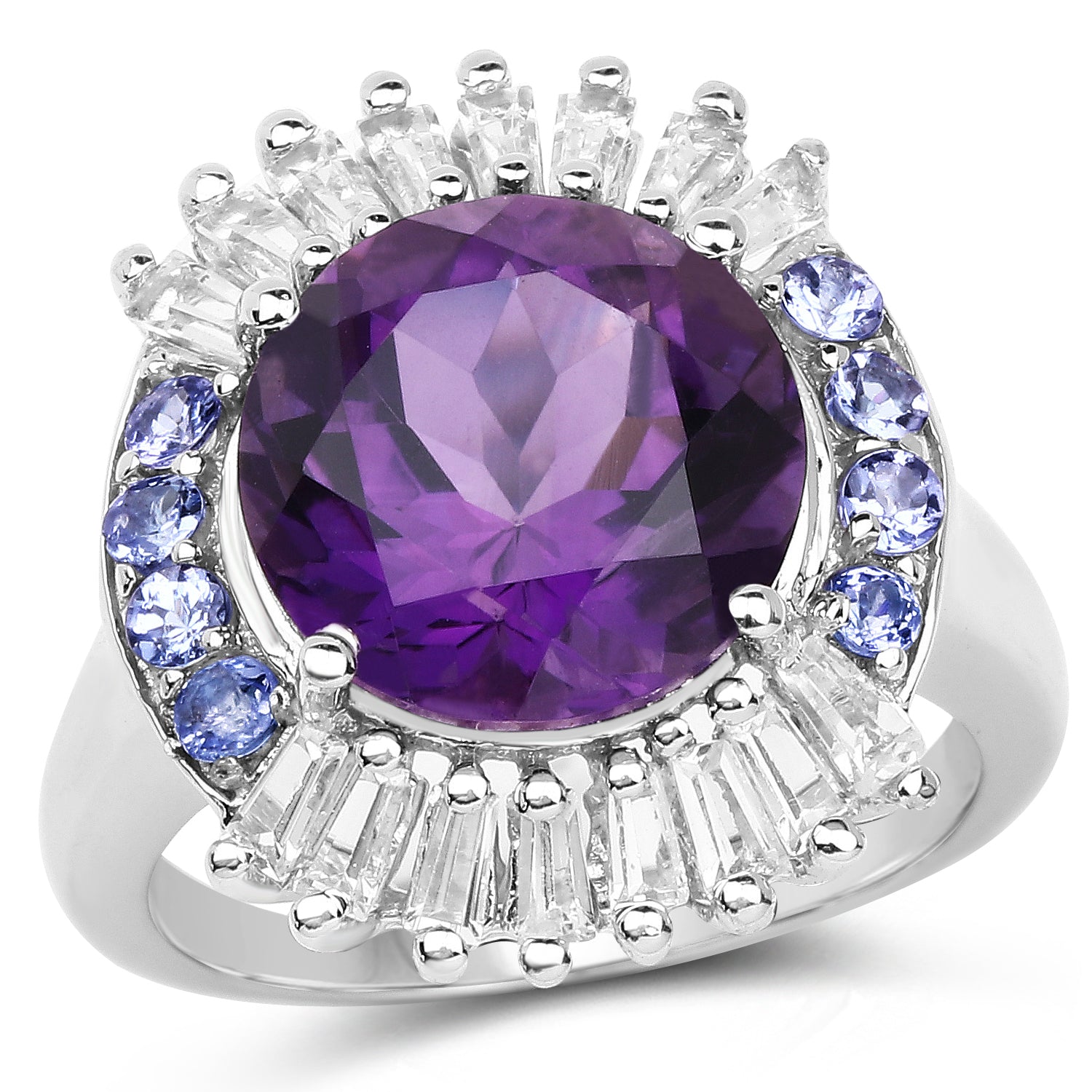 5.24 Carat Genuine Amethyst, Tanzanite & White Topaz .925 Sterling Silver Ring on sale at MyriadMart