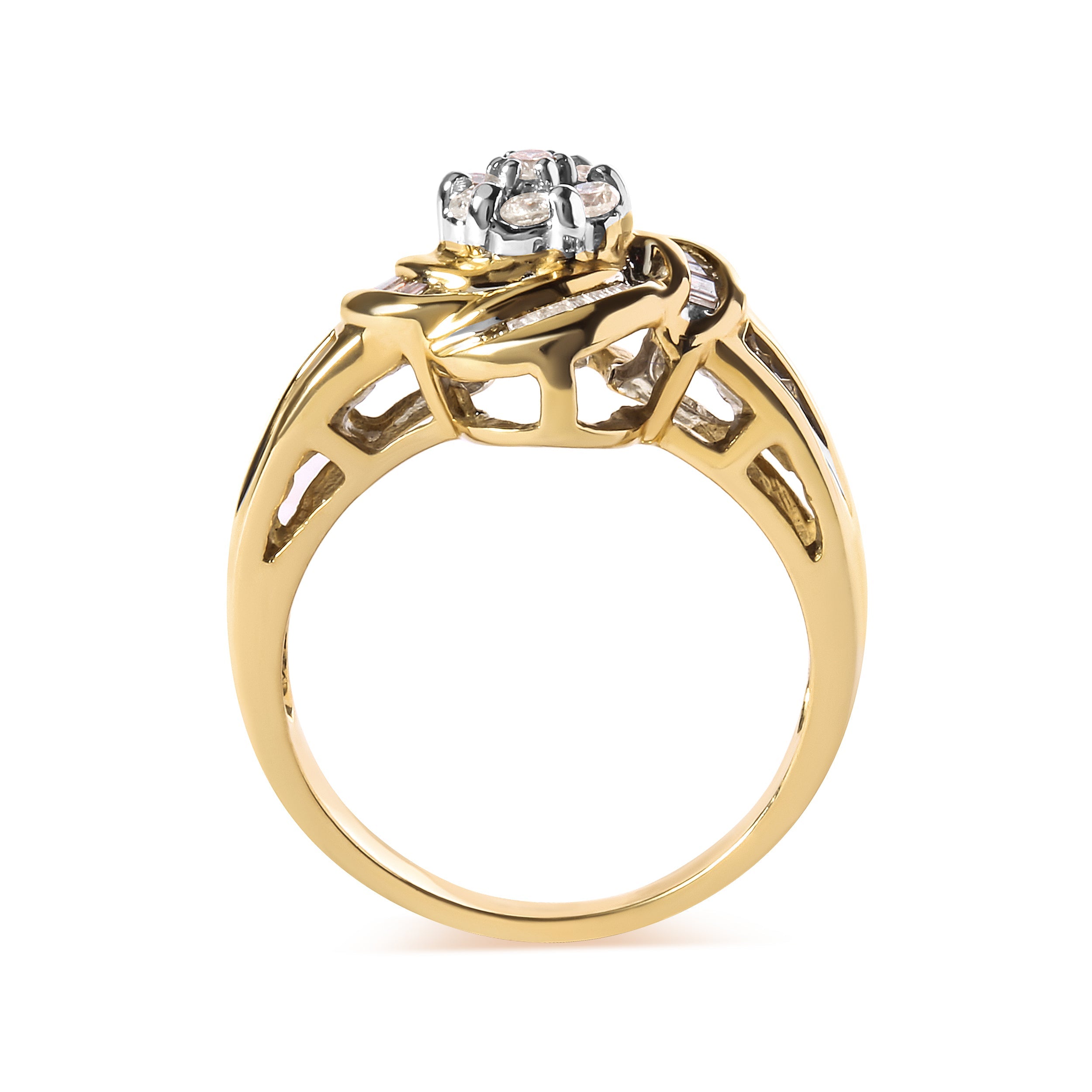 10K Yellow Gold 1/2 Cttw Round and Baguette Diamond Flower Swirl Cocktail Ring I-J Color, SI2-I1 Clarity - Ring Size 7 on sale at MyriadMart