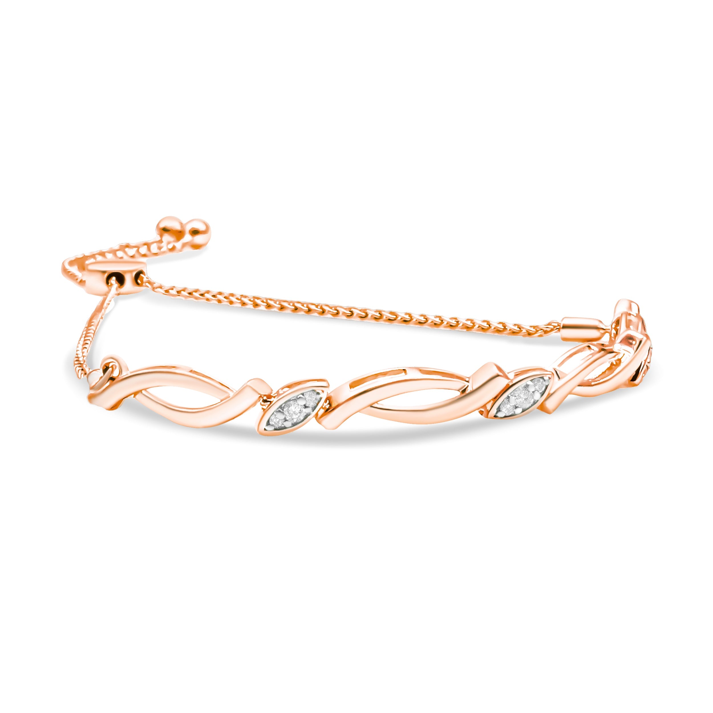 14K Rose Gold Plated .925 Sterling Silver 1/10 Cttw Diamond Alternating Swirl link Bolo Bracelet I-J Color, I2-I3 Clarity - 6" to 9" Adjustable on sale at MyriadMart