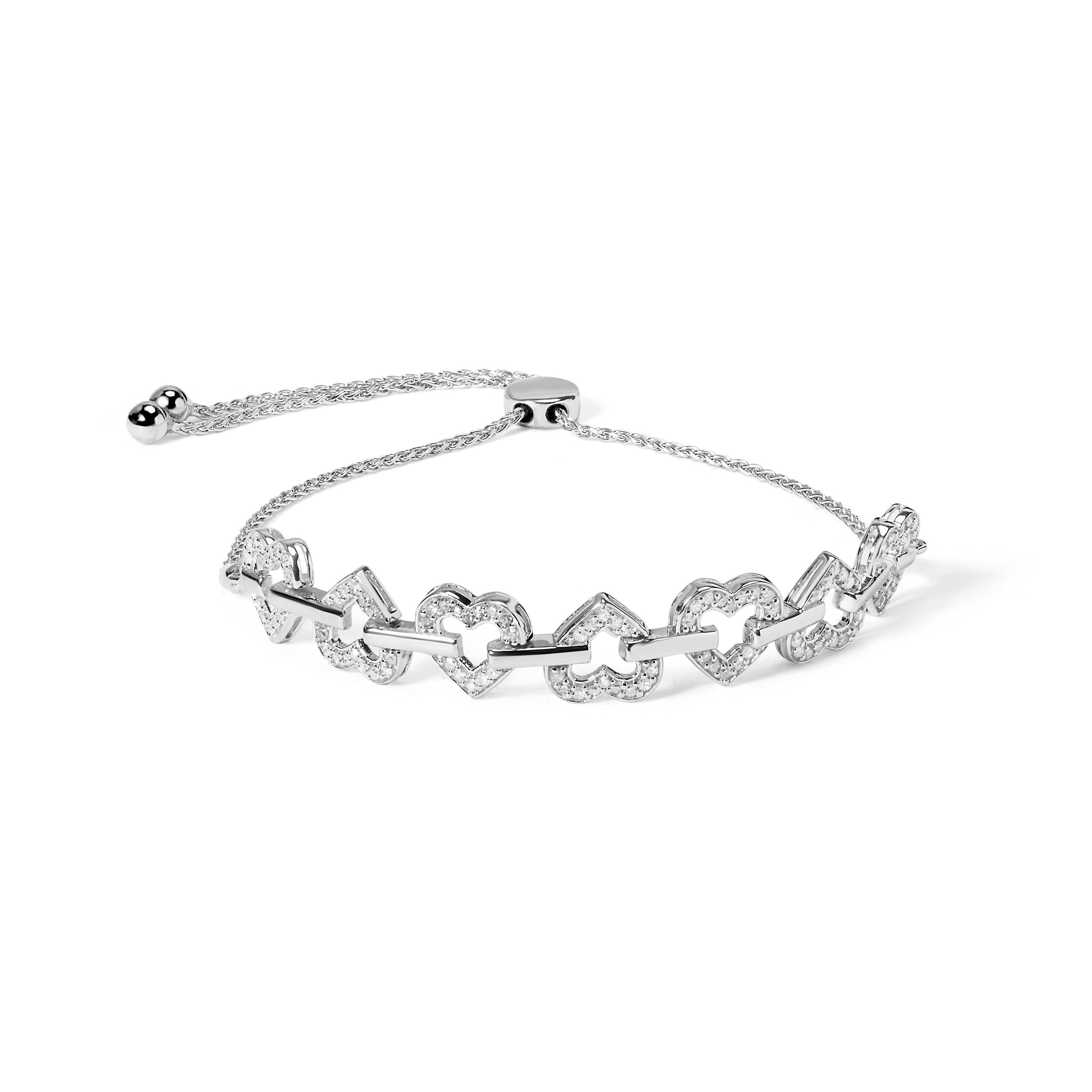 .925 Sterling Silver 1/2 Cttw Diamond Alternating Heart Link Adjustable Bolo Bracelet I-J Color, I3 Clarity - 4" to 10" Inches on sale at MyriadMart