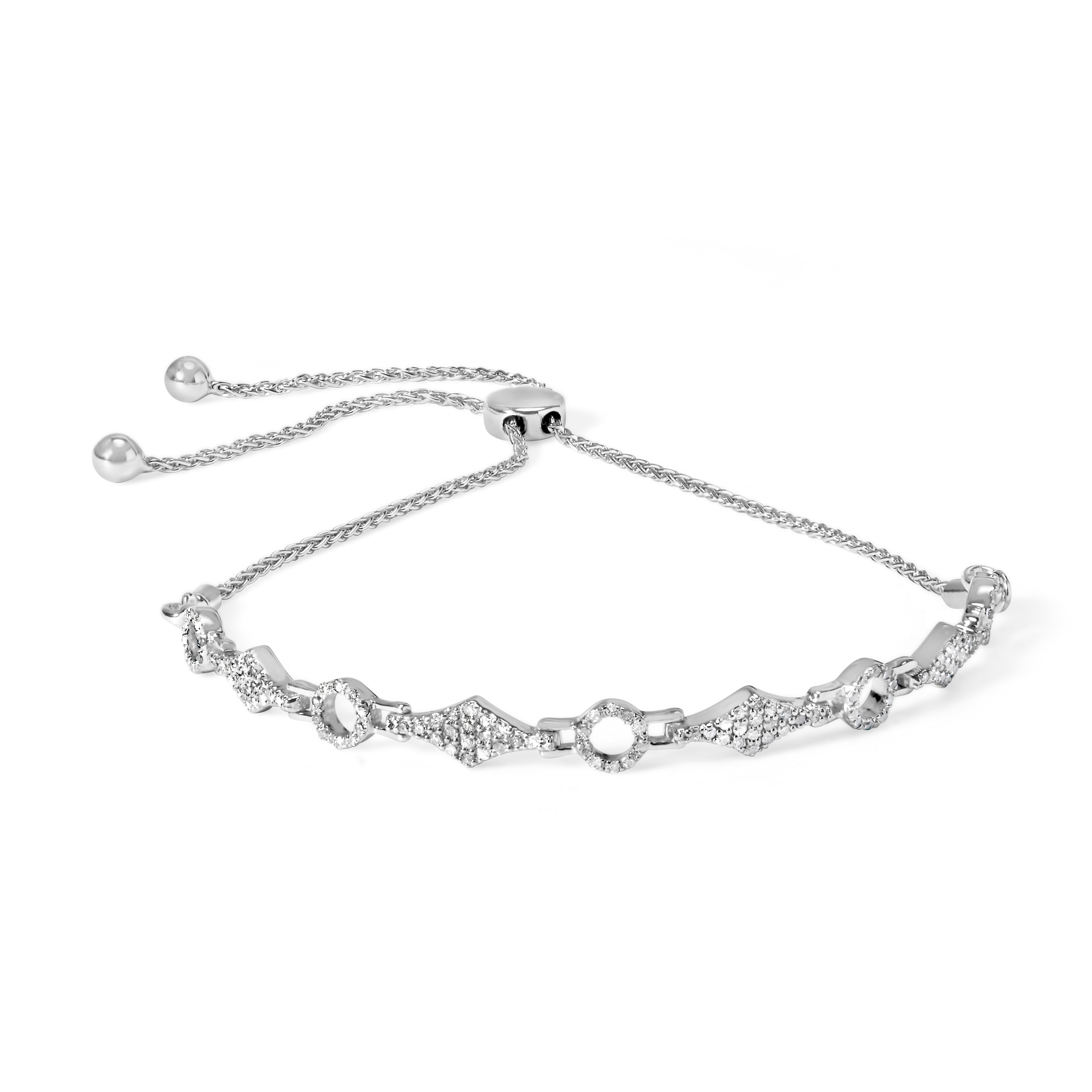 .925 Sterling Silver 1/2 Cttw Diamond Alternating Circle and Kite Link Adjustable Bolo Bracelet I-J Color, I3 Clarity - 4" to 10" Inches on sale at MyriadMart