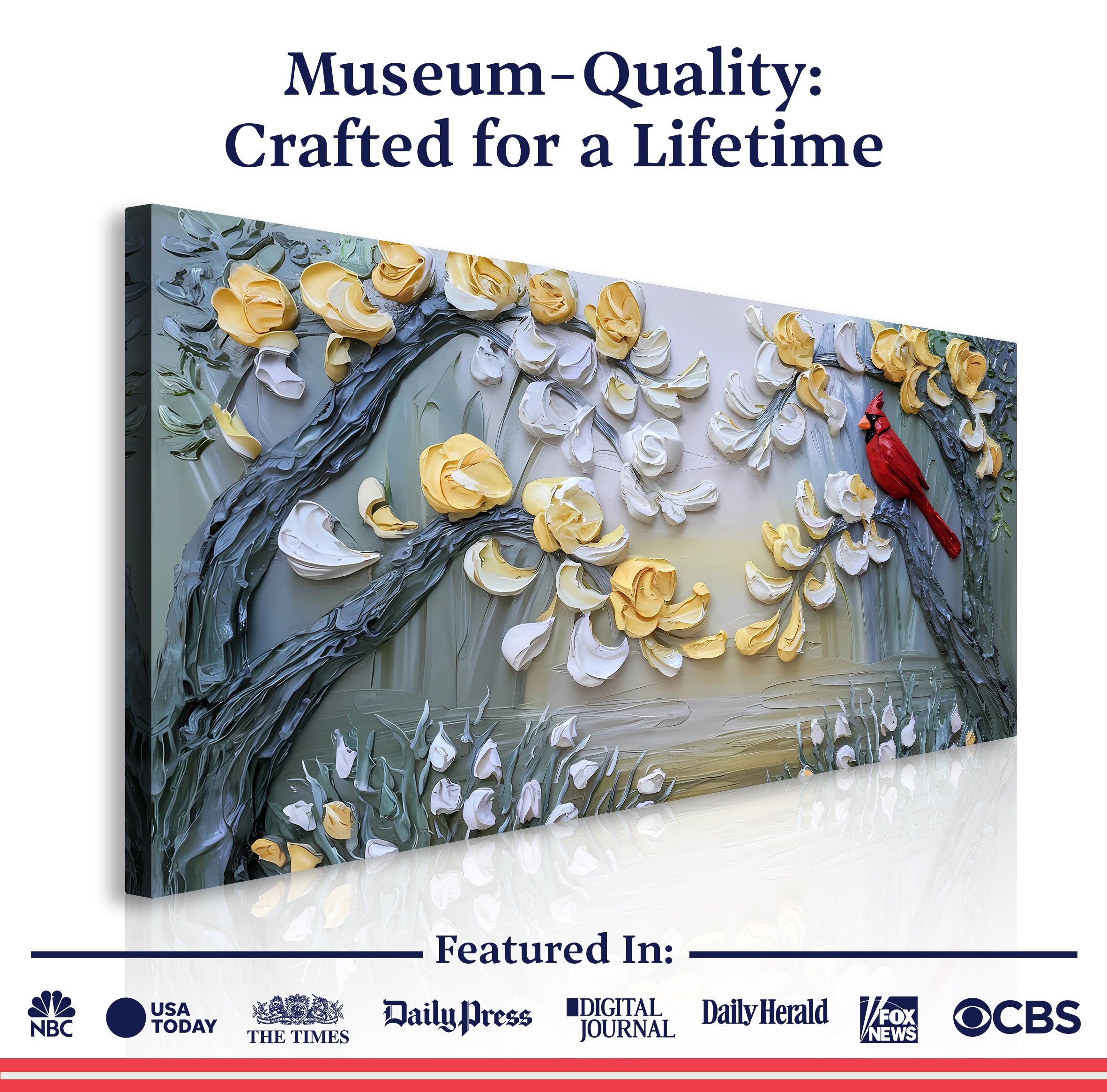 Golden Petals and Scarlet Wings Impasto Wall Art on sale at MyriadMart