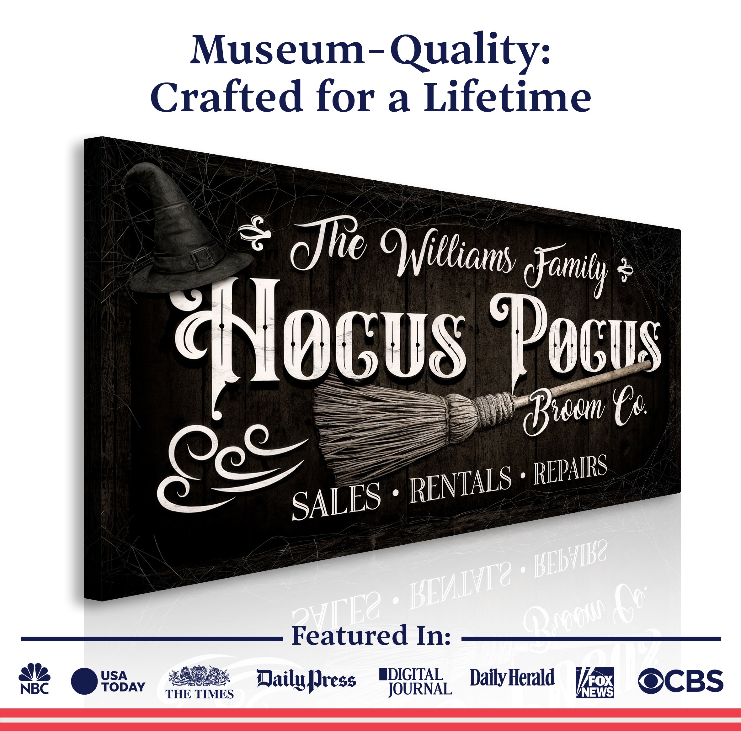 Personalized Hocus Pocus Broom Co. Wall Sign on sale at MyriadMart