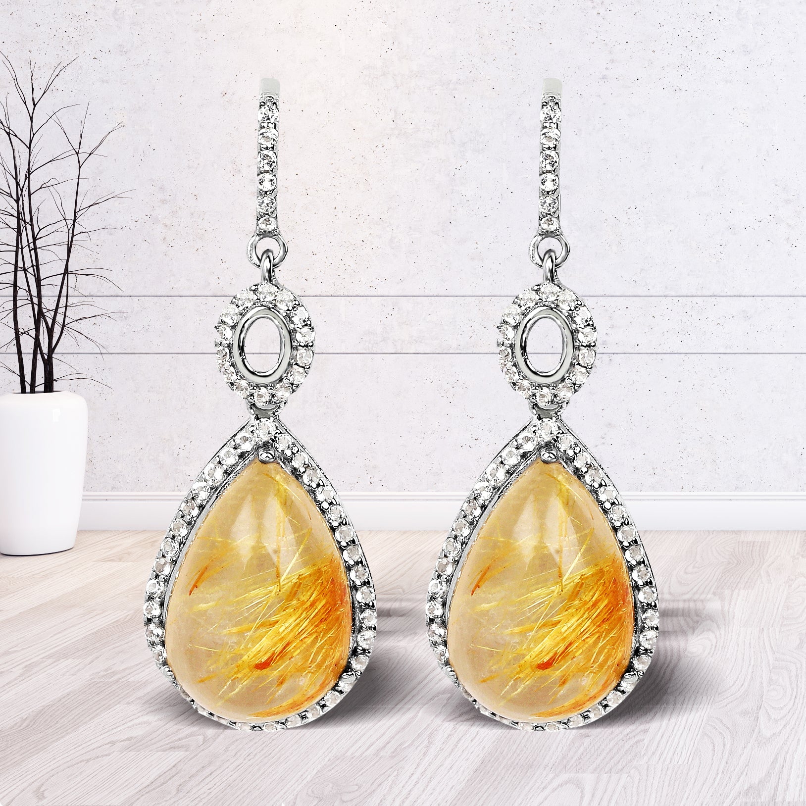 10.04 Carat Genuine Golden Rutile And White Topaz .925 Sterling Silver Earrings on sale at MyriadMart