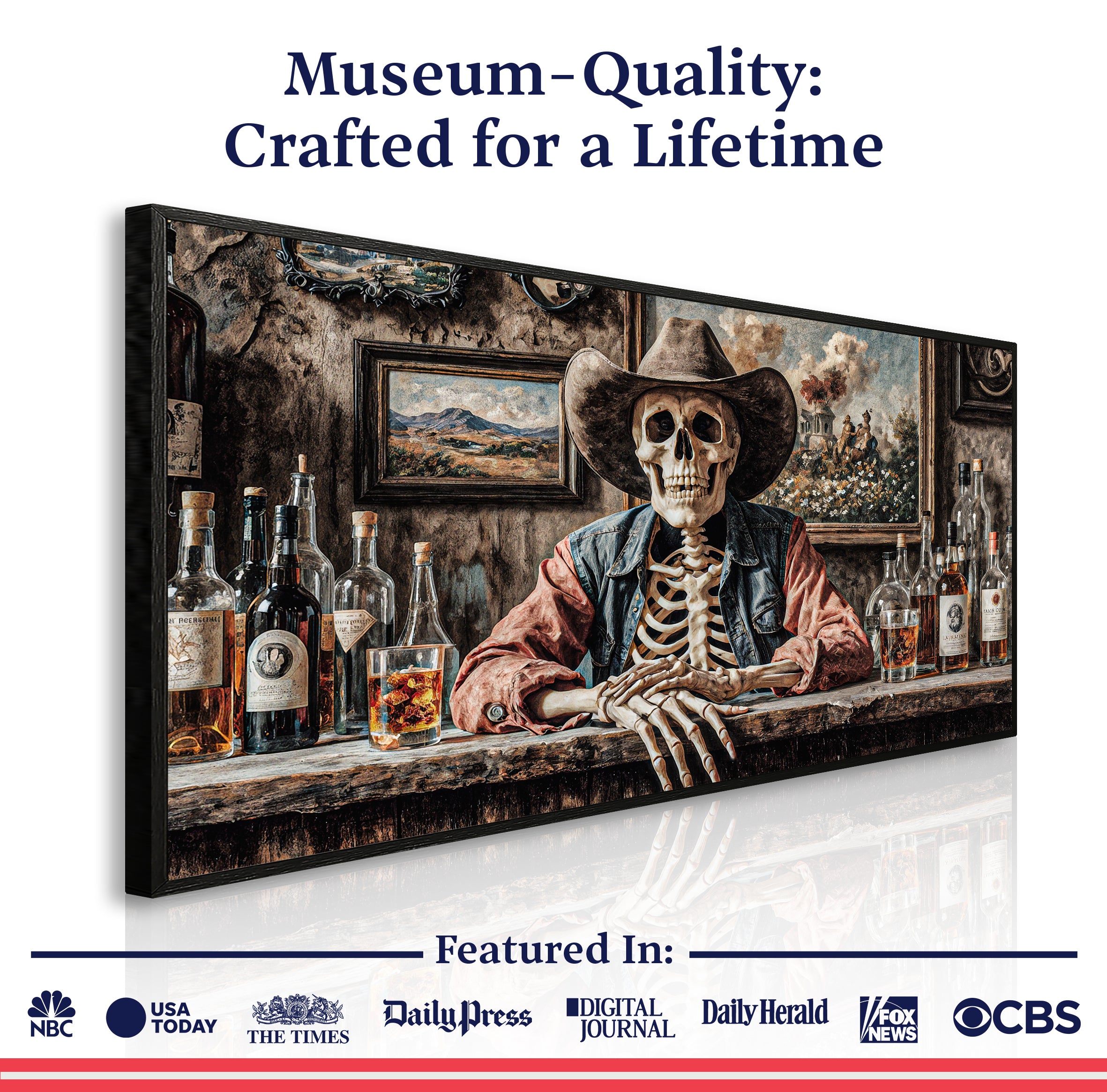 Skeleton Cowboy Barman At Western Saloon Wall Art on sale at MyriadMart