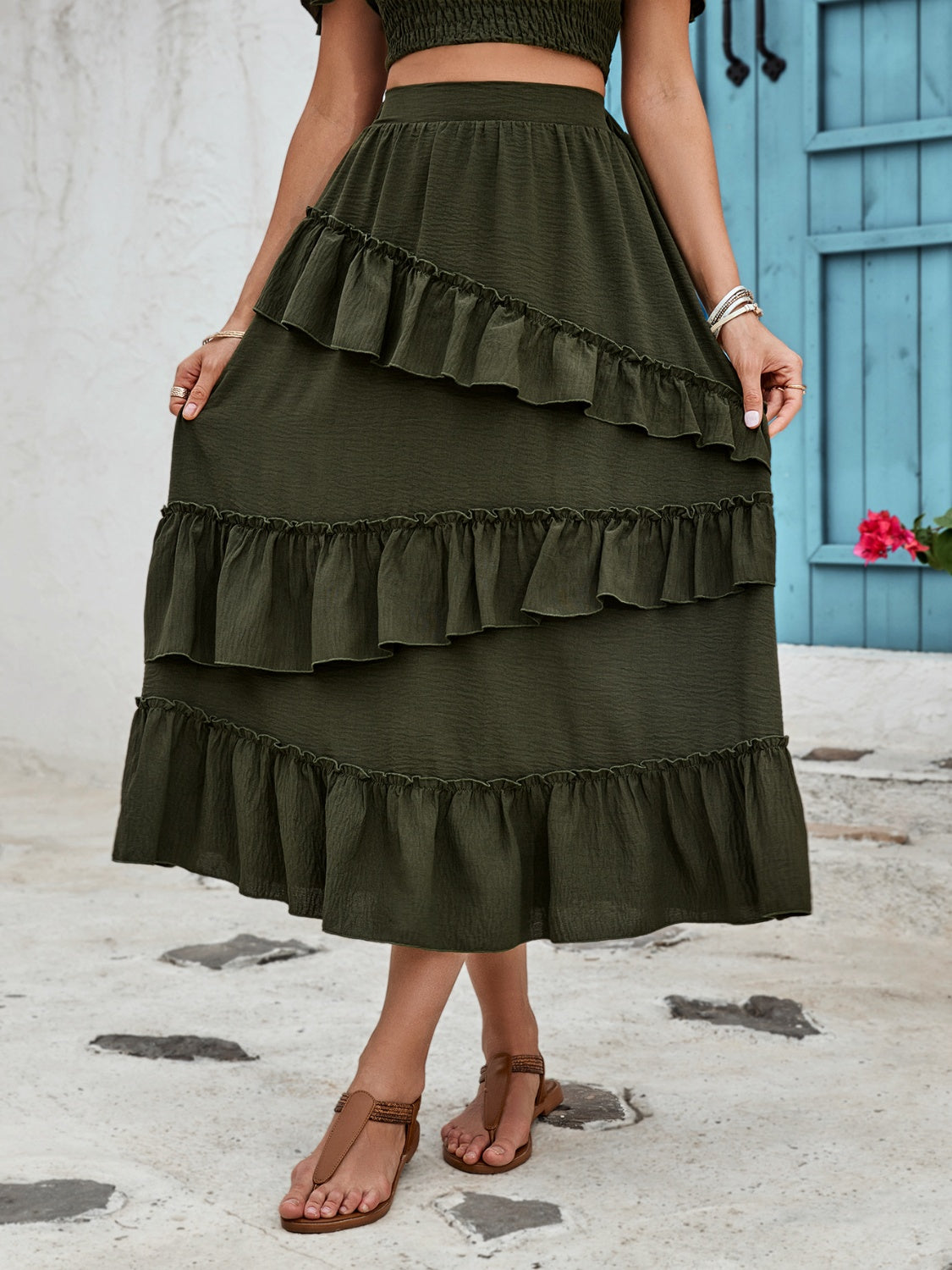 Ruffled Elastic Waist Midi Skirt