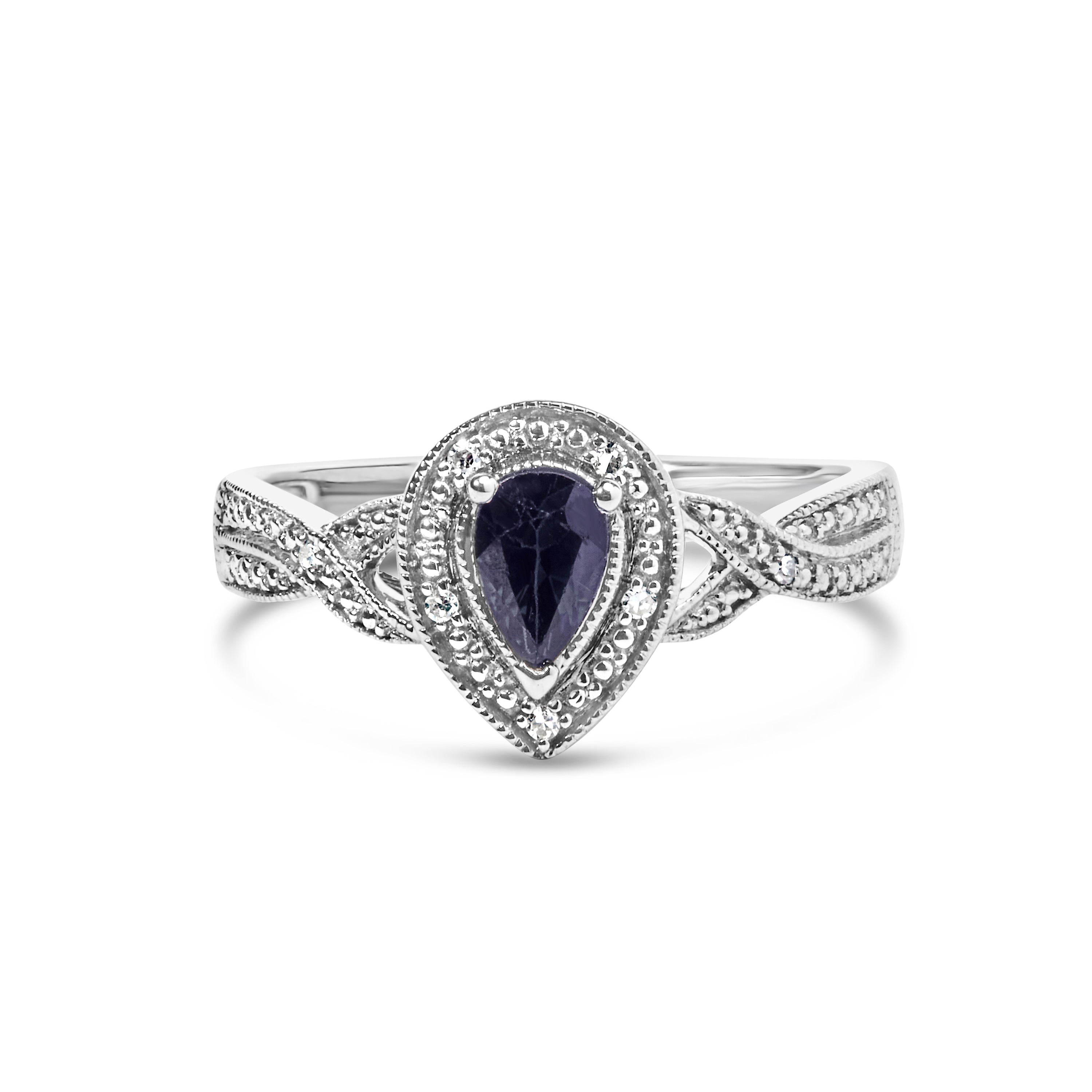.925 Sterling Silver 6x4mm Pear Sapphire Gemstone with Diamond Accent Fashion Halo Ring H-I Color, SI1-SI2 Clarity - Size 7.5 on sale at MyriadMart