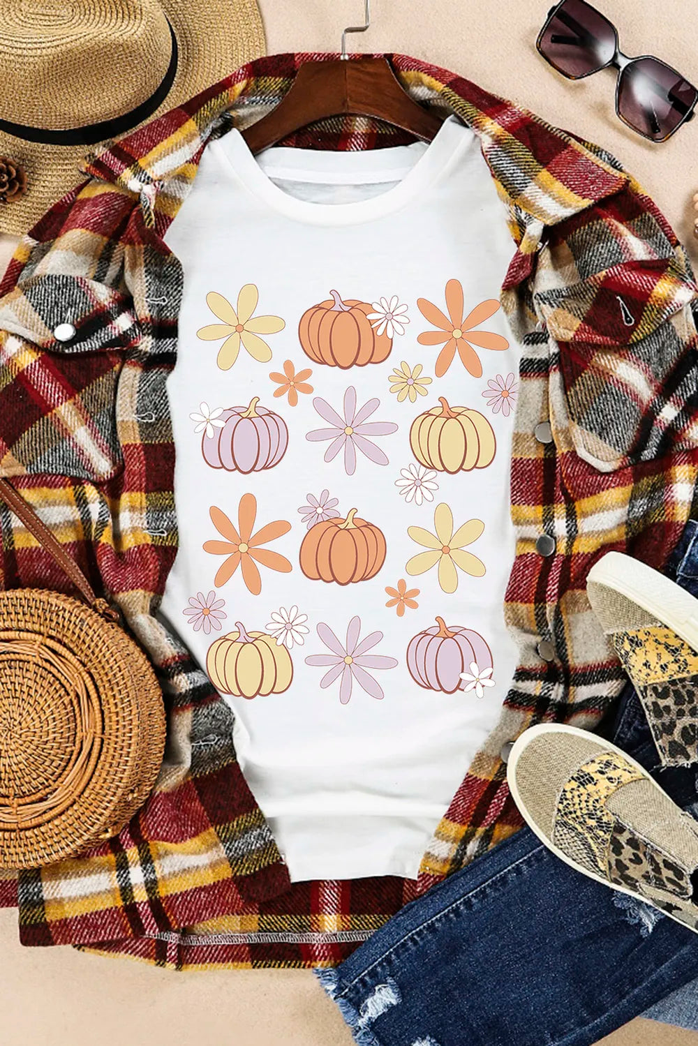 Pumpkin & Flower Round Neck Short Sleeve T-Shirt - MyriadMart
