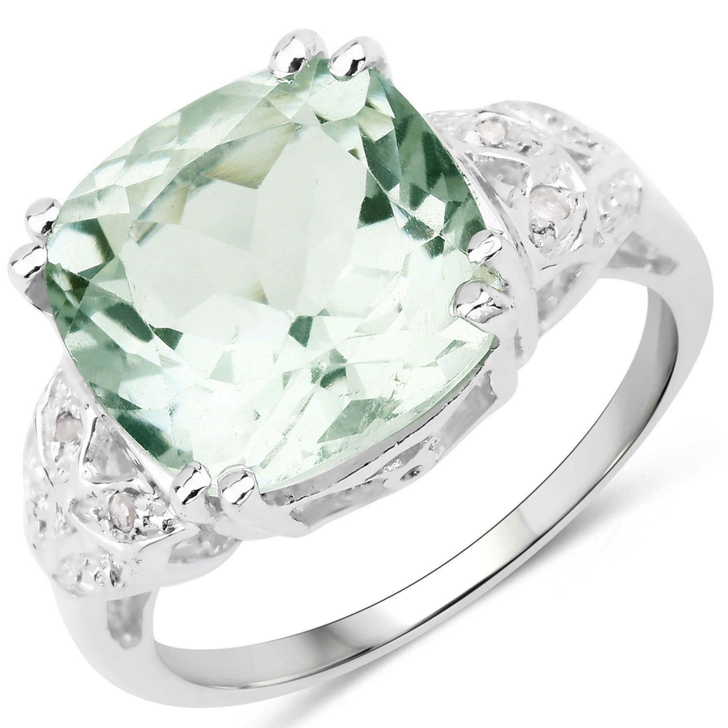5.52 Carat Genuine Green Amethyst and White Diamond .925 Sterling Silver Ring on sale at MyriadMart