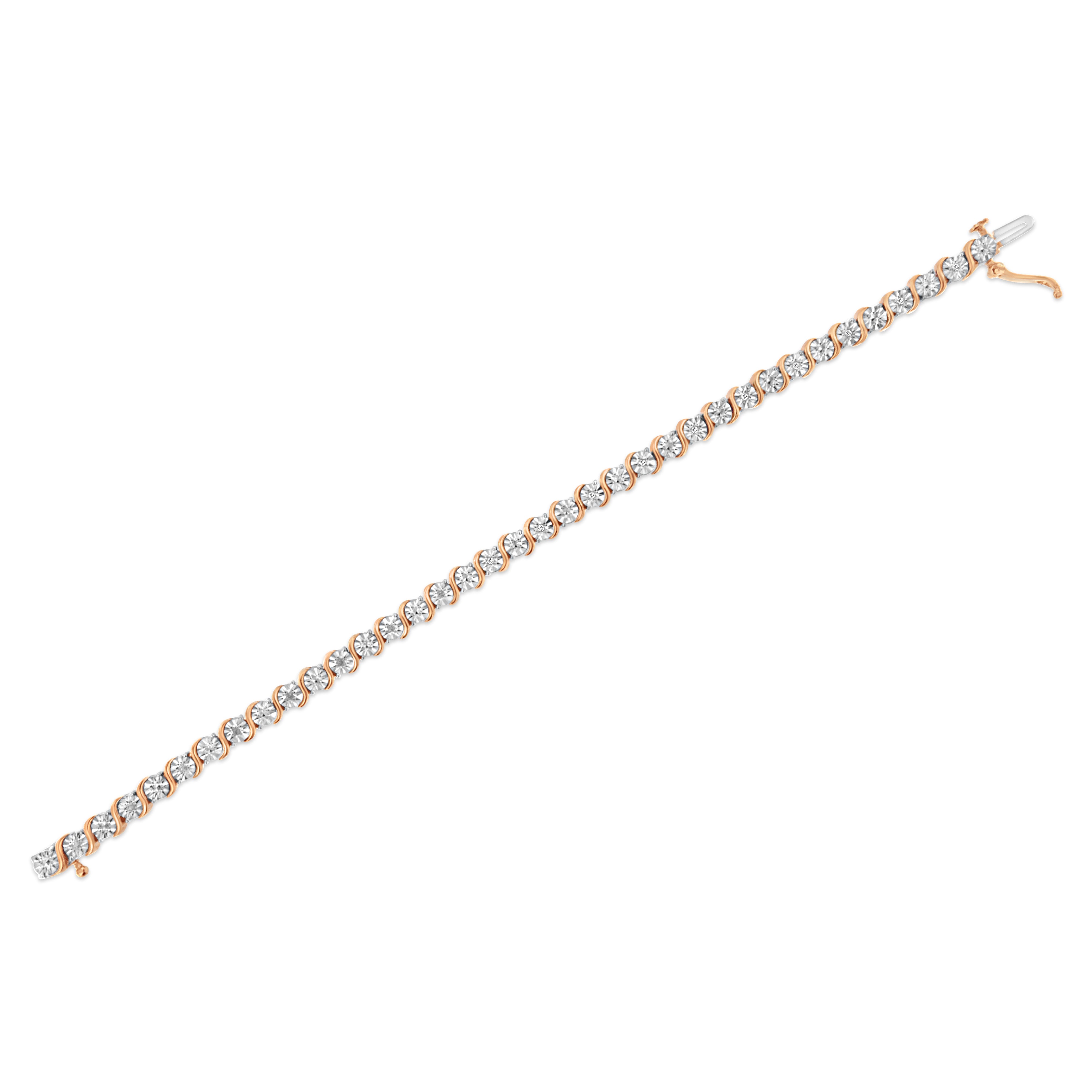 14K Rose Gold Plated .925 Sterling Silver 1/10 Cttw Diamond Round Miracle Plate and "S" Link Tennis Bracelet I-J Color, I2- I3 Clarity - 7" on sale at MyriadMart