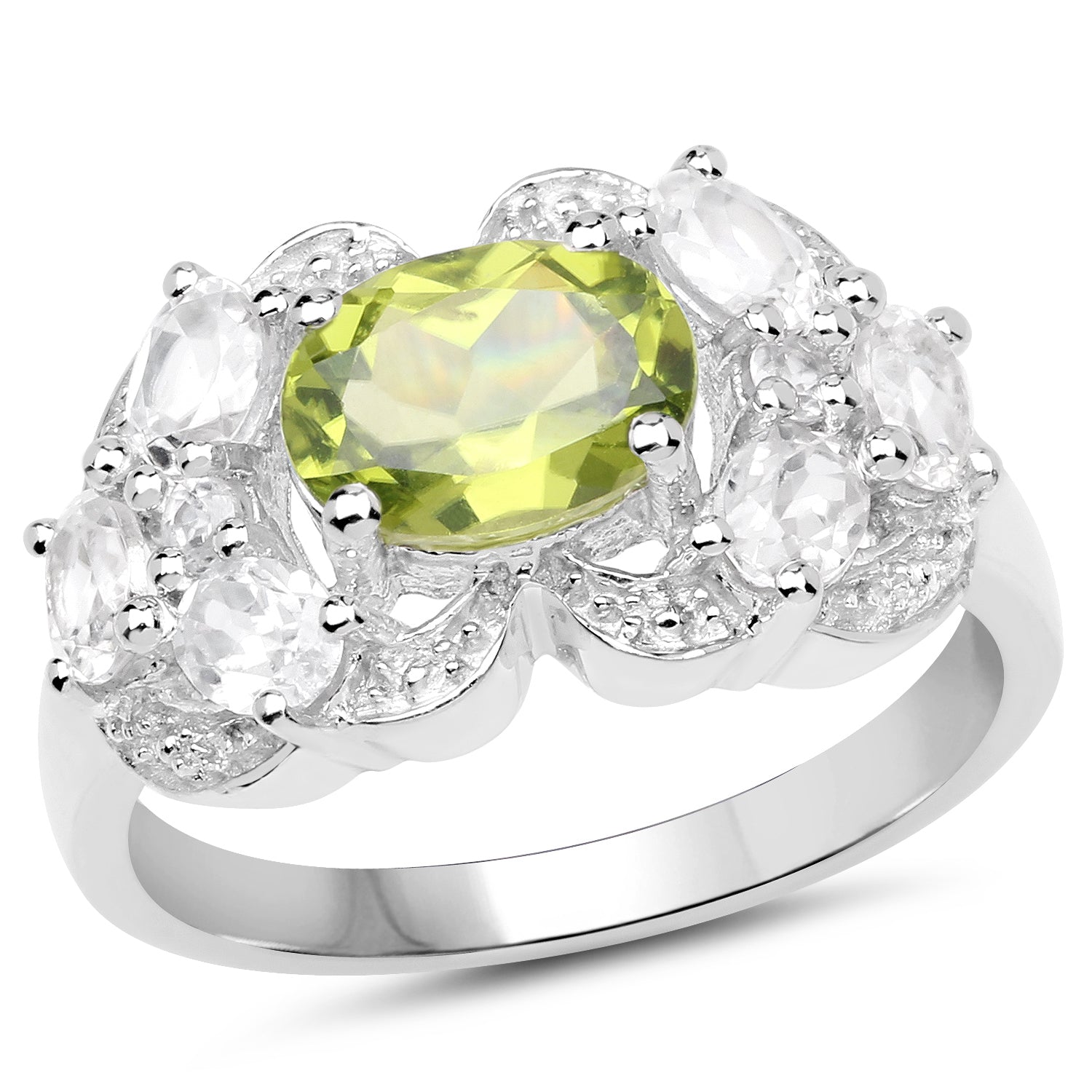 2.70 Carat Genuine Peridot and White Zircon .925 Sterling Silver Ring on sale at MyriadMart