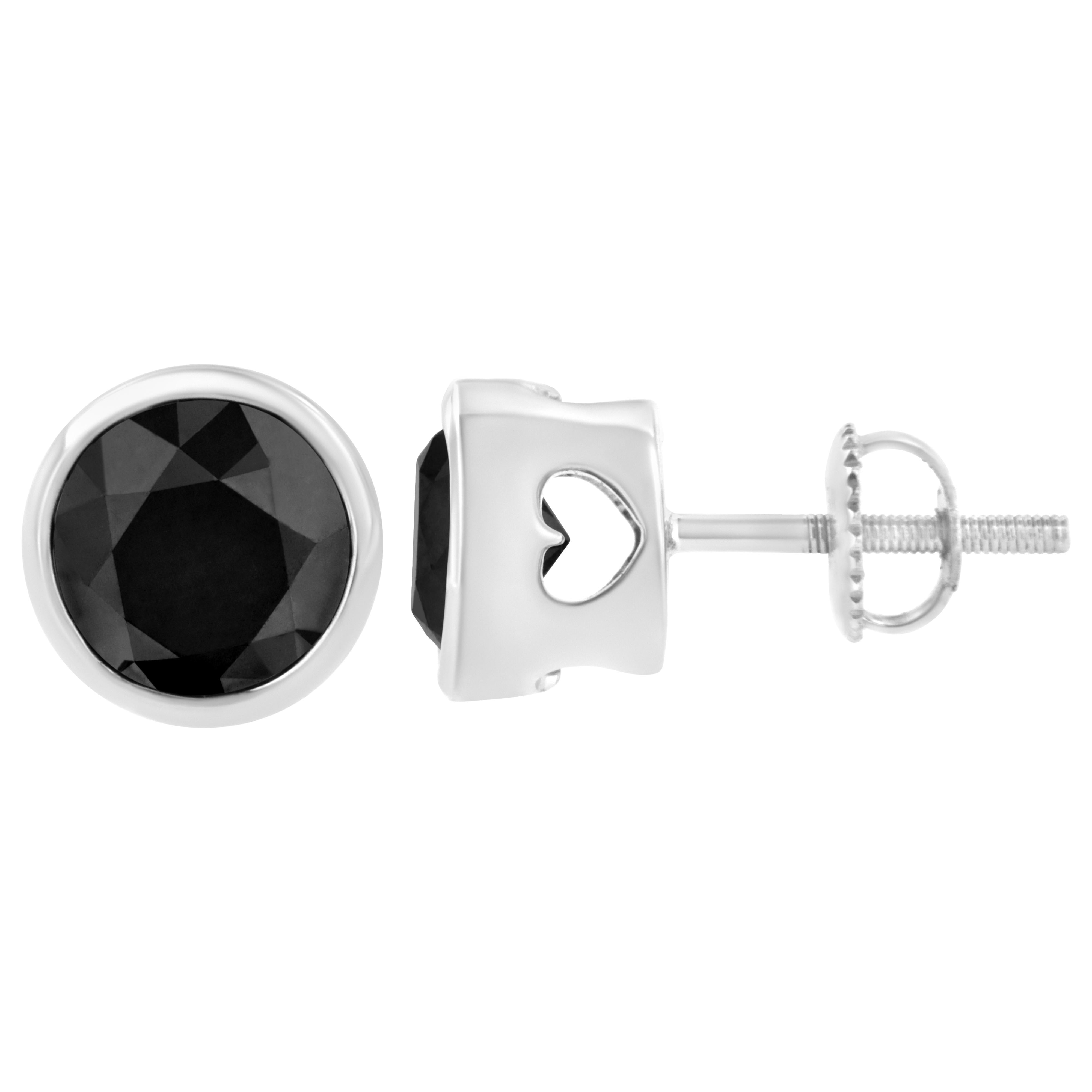 .925 Sterling Silver 4.00 Cttw Round Brilliant-Cut Black Diamond Bezel-Set Stud Earrings with Screw Backs Fancy Color-Enhanced, I2-I3 Clarity on sale at MyriadMart