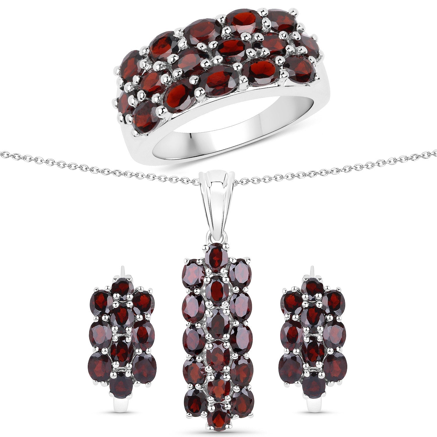 10.40 Carat Genuine Garnet .925 Sterling Silver 3 Piece Jewelry Set Ring, Earrings, and Pendant w/ Chain on sale at MyriadMart