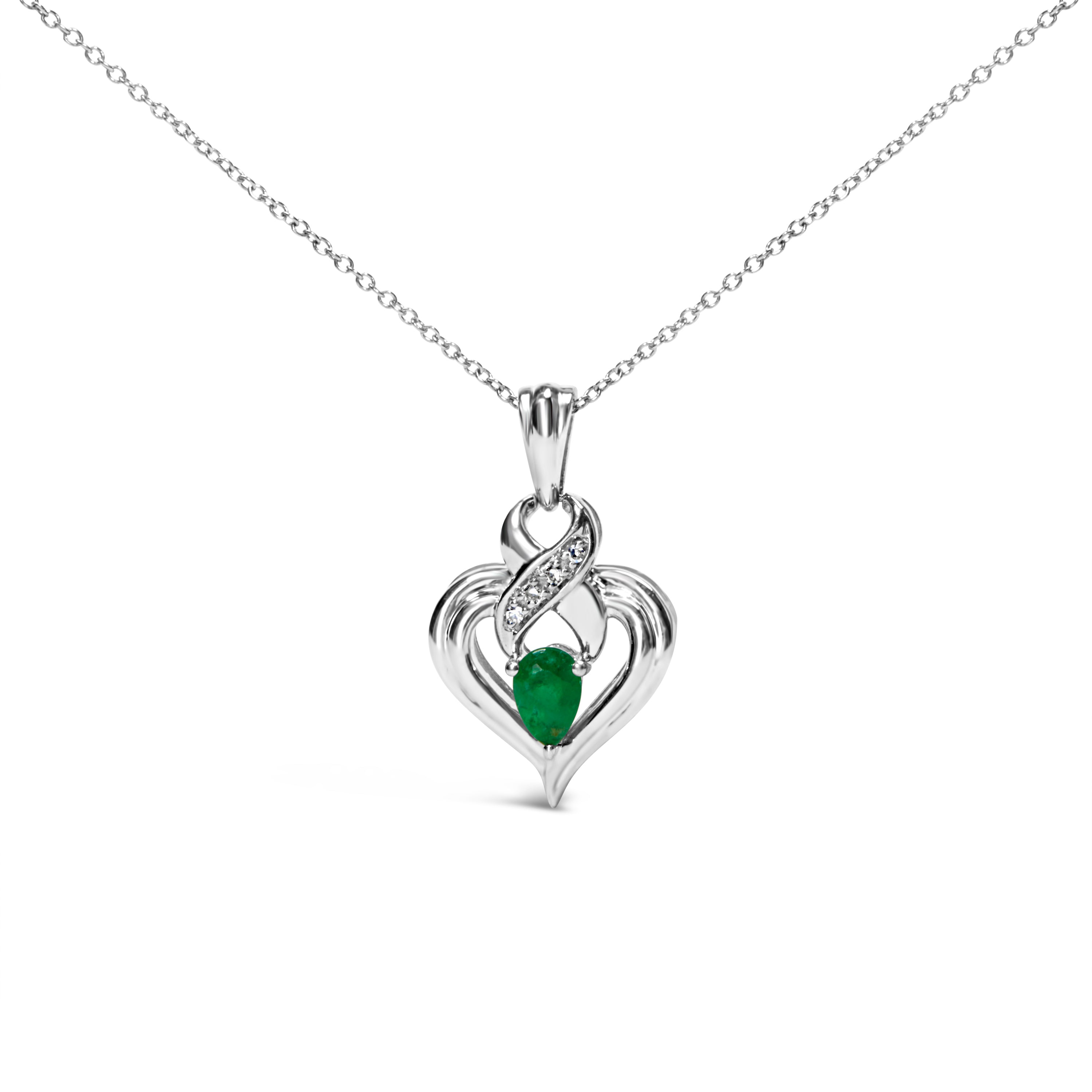 .925 Sterling Silver 6x4mm Pear Emerald and Diamond Accent Heart Pendant Necklace H-I Color, SI1-SI2 Clarity - 18 Inches on sale at MyriadMart