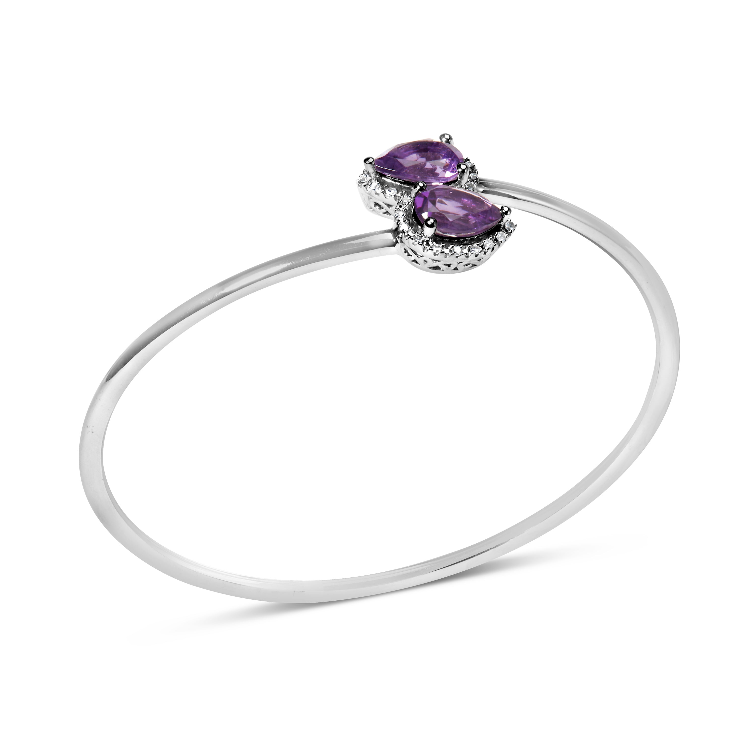 .925 Sterling Silver 8 x 5.5mm Pear Shape Amethyst and Diamond Accent Halo Bypass Bangle Bracelet H-I Color, SI1-SI2 Clarity - Fits up to 7" Inches on sale at MyriadMart